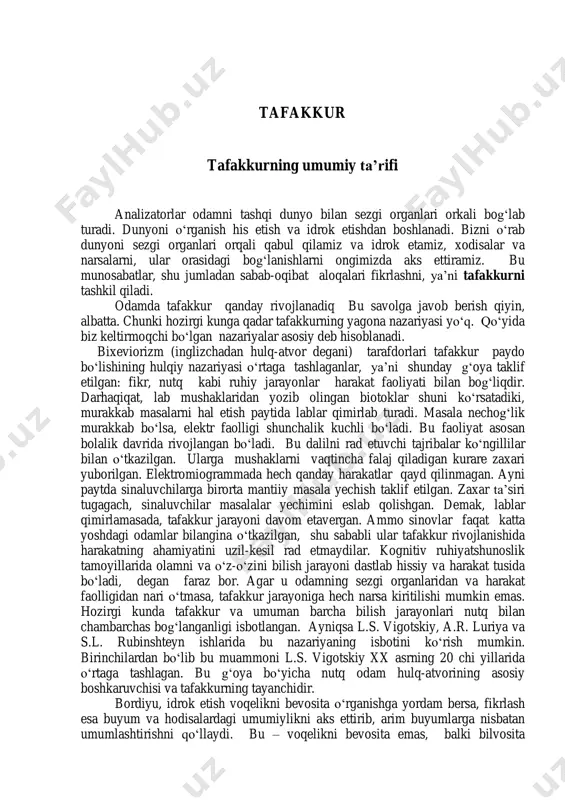 st bo„lgan. shunga o„xshash bolalar hindistonda o„rganilgan edi. ma‟lum bo„lishcha, bunday bolalarda tushunsa bo„ladigan na nutq, na odam kabi fikrlash bo„lgan. ular aqliy jihatdan juda ham sust rivojlangan bo„lgan. ularning ruhiyati va fikr yuritishi ko„proq hayvonlar ruhiyatiga o„xshab ketgan. bunday bolalar odamlar orasiga qaytarilganda ham, ularning ruhiyati bir qancha davrgacha hayvonlarning taraqqiy etish bosqichida qolavergan.fikrlash boshqa ruhiy jarayonlar bilan chambarchas bog„langandir. u eng avvalo xotiraga suyanadi va undan foydalanadi. fikrlashning rivojlanishida diqqatning ahamiyati ham juda kattadir. diqqatni bir joyga to„plamasa fikrlash ham izchil va unumli bo„lmaydi. fikrlash irodaga ham aloqadordir, chunki mushkul masalalarni hal etish uchun odamga katta iroda kuchi talab qilinadi. fikrlash sezgi bilan ham bog„langandir, chunki yuqorida ta‟kidlab o„tganimizdek bilish jarayonlari dunyoni sezish va idrok etishdan boshlanadi. tafakkur uchun hissiyotning ahamiyati ham beqiyosdir. biz biror mushkul ishning to„g„ri yechimini topganimizda juda hursand bo„lamiz, tafakkur darajamizdan quvonamiz. biz masalani yecha olmasak ranjib ketamiz yoki xatoga yo„l qo„ysak darg„azab bo„lamiz. …