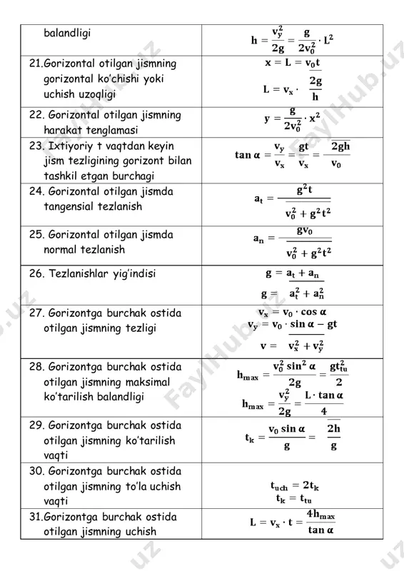 6. massaga ega bo’lgan richagning muvozanat sharti 7. aylanma harakat dinamikasining asosiy tenglamasi 8. massasi m va uzunligi bo’lgan sterjenning uning uzunligiga tik va o’rtasidan o’tgan aylanish o’qiga nisbatan inersiya momenti 9. massasi m va uzunligi bo’lgan sterjenning uning uzunligiga tik va bir uchidan o’tgan aylanish o’qiga nisbatan inersiya momenti 10. massasi m va radiusi r bo’lgan sharning o’z markazidan o’tgan aylanish o’qiga nisbatan inersiya momenti 11. massasi m va radiusi r bo’lgan yahlit slindirning o’z o’qiga nisbatan inersiya momenti 12. massasi m, tashqi radiusi r va ichki radiusi r bo’lgan qalin devorli kovak slindirning o’z o’qiga nisbatan inersiya momenti 13. massasi m va radiusi r bo’lgan yupqa (halqa) slindirning o’z o’qiga nisbatan inersiya momenti 14. massasi m, bo’yi a va eni b bo’lgan brusokning inersiya momenti 15. aylanma harakat qilayotgan jismning kinetik energiyasi 16. bosim 17. gidravlik press 18. suyuqlikning idish tubiga va yon devoriga bosimi 19. tutash idishlarda …