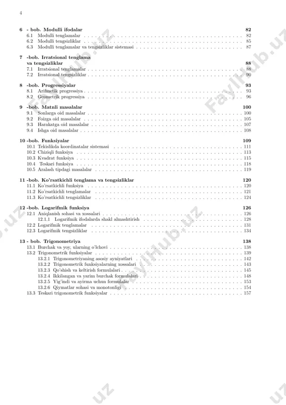 . . 75 5.3.1 parametrli tengsizliklar . . . . . . . . . . . . . . . . . . . . . . . . . . . . . . . . . . . . . 81 5.3.2 shartli tengsizliklar . . . . . . . . . . . . . . . . . . . . . . . . . . . . . . . . . . . . . . . . 81 4 6 - bob. modulli ifodalar 82 6.1 modulli tenglamalar . . . . . . . . . . . . . . . . . . . . . . . . . . . . . . . . . . . . . . . . . . . 82 6.2 modulli tengsizliklar . . . . . …
