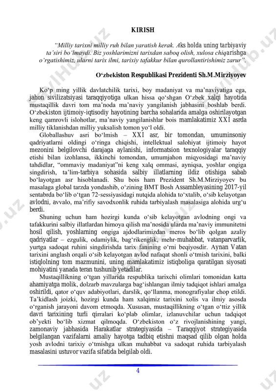 davrlashtirish. 4. o‘zbekistonning eng yangi tarixini o‘rganishning ahamiyati. 1. o‘zbekistonning eng yangi tarixi fanining fan sifatida tutgan o‘rni. uning o‘rganish obʼyekti va predmeti. tarix fani ijtimoiy taraqqiyot va o‘tmishga oid turli xil voqelik hamda hodisalarning izchil rivojlanishi, ularning qachon, qayerda, qanday holatda yuz bergani, insoniyatning paydo bo‘lishi va uning tadrijiy-evolyutsion rivojlanishi, ijtimoiy-siyosiy, iqtisodiy jarayonlar hamda madaniy-maʼnaviy hayot jabhasi va boshqalarni o‘rganadi. shuningdek, o‘zbekiston tarixi umumjahon-insoniyat tarixining ajralmas qismi hisoblanib, o‘z navbatida, ahamiyatga molik voqeliklarga juda boydir. o‘zbekiston tarixi fani mana shu voqeliklarni boshidan kechirgan qadim va yaqin ajdodlarimizning hayoti qanday bo‘lganini, jahon tarixi taraqqiyotiga qo‘shgan ulkan hissalarini xolisona va haqqoniy tarzda o‘rganadi. taʼkidlash lozimki, tarixiy, milliy-madaniy, axloqiy va diniy qadriyatlarni o‘rganish, tiklash va yangi asoslarda rivojlantirish – yoshlar, taʼlim va tarbiya tizimidagi talabalarning dunyoqarashida milliy g‘urur hamda o‘zlikni anglash, ular ongi-shuurida vatanparvarlik, insonparvarlik g‘oyalarini yanada mustahkamlash bugungi davrning muhim talabi bo‘lib hisoblanadi. aynan shuning uchun ham oliy taʼlim tizimida “o‘zbekistonning …
