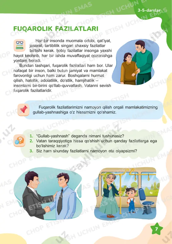 is qildi? 2. velosiped tuzalganda bolalar o‘zlarini qanday his qildi deb o‘ylaysiz? 3. bu voqea qanday yaxshilikka sabab bo‘ldi? hamjihatlik ajoyib toza havoda velosipedda maza qilib ketayotgan edim. birdan yo‘lda jamshidni ko‘rib qoldim. u nima qilishini bilmay, velosipedini oldida turgandi. bilsam, velosipediga nimadir bo‘lib, yiqilib tushgan ekan. jamshid bilan ko‘p gaplashmayman, epchil bo‘lmagani uchun bolalar bilan o‘ynashga ham kam chiqadi. lekin u – a’lochi. shuning uchun bizni pisand qilmaydi, deb o‘ylardim. shoshayotgan bo‘lsam ham, negadir to‘xtab, unga yordam bergim keldi. ikkalamiz ancha urinib, bir amallab, velosipedini tuzatdik. keyin birga gaplashib ketdik. ertasi kuni ham uchrashishga kelishdik. shundan keyin biz do‘stlashib oldik. jamshid har kuni biz bilan birga o‘ynaydigan bo‘ldi. ikki haftadan keyin matematikadan murakkab masalani qanday yechishni menga osongina tushuntirib qo‘ydi. masala unchalik qiyin emas, juda qiziqarli ekan. 3-5-darslar chop etish chop etish uchun chop chop etish uchun emas chop etish uchun emas chop etish uchun emas chop etish uchun …