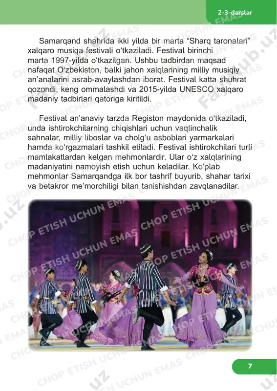 om davronovna estrada xonandalari uchun 200 dan ortiq qo‘shiqqa musiqa yaratgan. bolalar uchun ham ko‘plab musiqiy asarlar yozgan. bolalar dilorom omonullayeva qo‘shiqlarini sevib, zavq bilan kuylaydilar. • madhiya nima? • o‘zbekiston respublikasi davlat madhiyasi musiqasining muallifi kim? • o‘zbekiston respublikasi davlat madhiyasi matnining muallifi kim? • sizningcha, madhiya qanday bo‘lishi kerak? 2-3-darslar chop etish uchun emas chop etish uchun emas chop etish uchun emas chop etish uchun emas chop etish uchun emas chop etish uchun emas chop etish uchun emas chop etish uchun emas chop etish uchun emas chop etish uchun emas chop etish uchun emas chop etish uchun emas chop etish uchun emas chop etish uchun emas chop etish uchun emas chop etish uchun emas chop etish uchun emas chop etish uchun emas chop etish uchun emas chop etish uchun emas 9 1 2 3 naqarot: (2x) handalak, handalak pishgan edi. tarqaldi, tarqaldi har yon hidi. egnida beqasam toʻn, …
