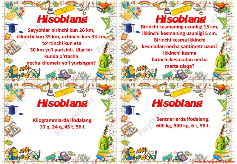 (9•6)= 7 200 : (100•9)= 620•400= 50 050 – 8 000= 490•40 : 8= hisoblang hisoblang hisoblanghisoblang telegram//@sayyodfazliddinov 780•90= 3 600•30= 20 881 : 7= bir qop shakarning massasi 50 kg. omborxonaga tushlikkacha 30 qop va tushlikdan keyin shunday 50 qop shakar keltirildi. shu kuni hammasi bo‘lib necha kilogramm shakar keltirilgan? 800 : 40= 24 000 : 300= 42 000 : 6 000= 280 : 70= 540 : 36= 3 000 : 1 500= hisoblang hisoblang hisoblanghisoblang telegram//@sayyodfazliddinov 720 : 90= 490 : 70= 7 200 : 7 200= ustaxonada 1 971 m gazlama bor edi. 1 095 m gazlama ayollar kastumlarini tikish uchun sarflandi. bolalar kastumlariga ayollar kastumlariga sarflanganining beshdan bir qismi sarflandi. qancha gazlama qolgan? fabrikada birinchi kun 30 ta bir xil yostiq jildi, ikkinchi kun esa 40 ta shunday yostiq jildi tikildi. hammasi bo‘lib 140 m gazlama sarflandi. birinchi kun necha metr gazlama sarflangan? 2 340•80 – …