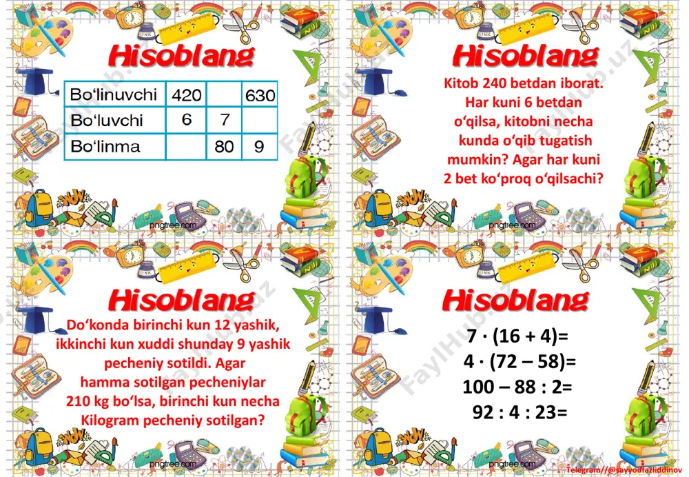 ta do‘ppi tikish mumkin? 3 000 – 487= 16 000 – 7 843= 46 000 – 14 700= hisoblang hisoblang hisoblanghisoblang telegram//@sayyodfazliddinov 7 000 – 3 567= 28 002 – 4 565= 10 500 – 10 050= ikkita qurilishga 10 ta bir xil yashikda mix jo‘natildi. qurilishlarda 60 kg mix ishlatilgandan so‘ng, birinchi qurilishda 5 yashik, ikkinchisida 2 yashik mix qoldi. har bir yashikda necha kilogrammdan mix bo‘lgan? 120 + 180 : 2 · 5= 750 – (450 – 250) : 5= 120 + 180 : (2 · 5)= 750 – 450 – 250 : 5= dalaga 60 kg bug‘doy, bug‘doyga qaraganda 3 marta kam sholi doni, bug‘doy bilan sholi bir galikda qancha bo‘lsa, undan 2 marta ko‘p makkajo‘ xori doni ekildi. dalaga necha kilogramm makkajo‘xori doni ekildi? hisoblang hisoblang hisoblanghisoblang telegram//@sayyodfazliddinov do‘konda 280 kg un bor edi. kechga borib 60 kg un qoldi. necha kilogramm un sotilgan? bu masalaga …