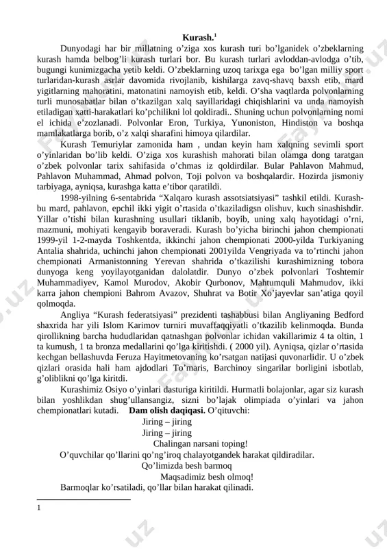 ovchi gap yoziladi. 5-qator: mavzuni ifodalaydigan birgina sinonim so’z yoziladi. 1-qator: mavzuning nomi – kurash. 2-qator: 2 ta sifat – qiziqarli, murosasiz. 3-qator: 3ta fe’l – toblaydi, tarbiyalaydi, chiniqtiradi. 4-qator: 4 ta so’zdan iborat gap – “kurash- mardlarni maydonda sinaydi”. 5-qator: mavzuning sinonimi – jang. image1.jpeg image2.jpeg