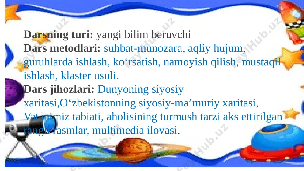 ga tog‘lar orasidan oshib o‘tish kerak bo‘ladi. tog‘larning oshib o‘tadigan joyi dovon deb ataladi. toshkent viloyatidan farg‘ona vodiysiga qurama tog‘ tizmasining qamchiq dovonidan o‘tiladi (51-rasm). dovondan o‘tib, namangan, andijon va farg‘ona viloyatlariga yo‘l olamiz. yana qamchiq dovoni orqali toshkentga qaytib kelamiz. so‘ngra janub va g‘arb tomonga yo‘l olib, sirdaryo, jizzax, samarqand,qash qadaryo, surxondaryo, buxoro, navoiy viloyatlari, qoraqalpog‘iston respublikasi, xorazm viloyati tabiati bilan tanishamiz. multimedia animatsiyasi yordamida mavzu tushuntiriladi. yangi mavzuni mustahkamlash: o‘rganilgan mavzu yuzasidan savollar berilib, guruhlardaklaster usulida “mening vatanim-o‘zbekiston” deb nomlangan, ushbu mavzu bo‘yicha bilganlari va olgan bilimlari asosida tarmoqlarni shakllantiradilar. 1-guruh:mamlakatimiz yer maydoni,aholi soni 2-guruh:o’zbekiston qaysi davlatlar bilan chegaradosh 3-guruh:o’zbekiston qanday ma’muriy hududlarga bo’lingan 4-guruh:o’lkamizning tog’li,janub va g’arb tomonlari guruhlar o’z tarixiy obidalarini biladilarmi? tabiat darsimizni fanlararo bog’laymiz.atlas bilan ishlash mustahkamlovchi test topshiriqlari beriladi. 1. xaritada okean, dengiz, suv havzalari qanday rang bilan ko‘rsatilgan? a) havorang; b) jigarrang; d) sariq rang; e) pushti rang. 2. ufq tomonlarini o‘lchaydigan …