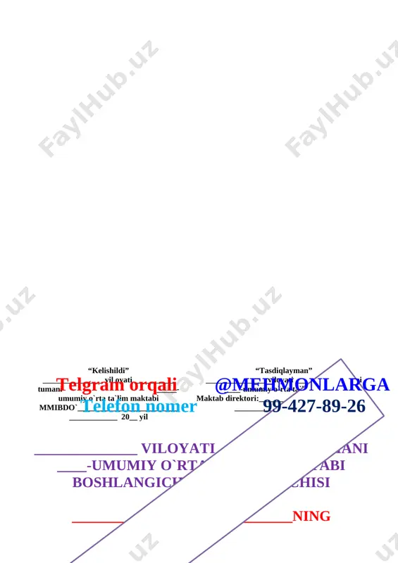 anishtirish, ko’rgazmali, mustaqil ish, amaliy ishlar, sayr sayohat. mashg`ulotning jihozi: mavzuga doir suratlar. i. tashkiliy qism: a) salomlashish b) davomotni aniqlash c) ma’naviyat daqiqasini o’tkazish “oilam kichik vatanim” mavzusida suhbat o’tkazish. d) ingliz tili daqiqasi: english alphabet - ingliz alifbosi ii. o’tgan mavzuni so’rash va mustahkamlash. ─ “o’zbekiston kelajagi ─ buyuk davlat” gapini kim aytgan? ─ davlatimiz ramzlarini ayting. ─ mustaqillik o’zbek xalqiga qanday erkinliklar berdi. o’quvchilar bilan savol- javob o’tkaziladi. o’quvchilar rag’batlatirilib baholanadi. iii. yangi mavzu bayoni vatanjonim, vatanim i.tashkiliy qism: mashg’ulotning borishi: i. tashkiliy qism: a) o’quvchilar bilan salomlashish; b) mashg’ulotga o’quvchilarni tayyorlash; c) davomatni aniqlash; ii. o’tgan mavzuni mustahkamlash a) o’quvchilar vatan haqida maqollar aytadi. b) tezkor savollar: faollashtiruvchi savol va topshiriqlar: 1. “istiqlol” va “mustaqillik” so‘zlarining ma’nosini bilasizmi? 2. m ustaqillikka qachon erishdik? 3. mustaqillik to‘g‘risida nimalarni bilasiz? 4. davlatimiz prezidenti kim? o‘quvchilar savollarga javob berib, mashg’ulotga ruhan tayyorlanadilar. kartadan o‘zbekiston chegarasi ko‘rsatiladi. [image: c:\users\sayyod\contacts\desktop\safar_barnoyev_portret.jpg]iii. yangi …