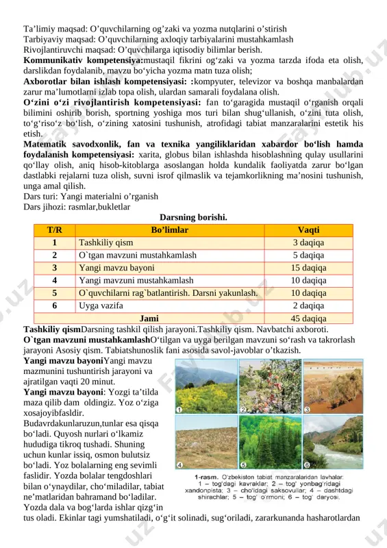 polizlarda shirin-shakar tarvuz va qovunlar pishadi. dala ekinlari hosilini yig‘ishtirish qizg‘in pallaga kiradi. yozda bog‘larda ham ishlar ko‘payadi. daraxtlar va toklarga zararkunanda hasharotlarga qarshi dori-lar sepiladi. ularning tagi yumshatiladi va sug‘oriladi. tok novdalari vaqti-vaqti bilan kesib turiladi. quyosh taftida o‘rik, olcha, shaftoli, olma, nok, uzum kabi mevalar navbatma-navbat pishadi. ularning hosili el dasturxoniga tortiq qilinadi. uy hayvonlari - qo‘y, echki, ot va qoramollar yoz davomida yaylovlarda boqiladi. chorvadorlar aholini go‘sht va sut mahsulotlari bilan ta’minlaydi. yangi mavzuni mustahkamlashyangi mavzuni mustaxkamalsh, amaliy va mustaqil ishlar bajarish jarayoni va ajratilgan . kartochkalar orqali savol-javob o’yini o’tkaziladi [image: image11.png]o‘lkamizdagi shaharlarning ko‘rinishi ham juda maf-tunkor. shaharl ar yildan yilga go‘zallashib bormoqda. bir-biridan chiroyli va hashamatli binolar qurilishi bilan bir qatorda ko‘plab istirohat bog‘lari ham barpo etil-moqda. shahar va qishloqlarda ko‘kalamzorlashtirish va obodonlashtirish ishlariga alohida e’tibor berib kelinmoqda.haryiliertabahordayo‘lchetlariga, binolar atrofiga ko‘plab manzarali daraxt ko‘chatlari ekiladi. siz 4-sinf «tabiatshunoslik» darslarida avval koinot bilan, so‘ngra o‘lkamizdagi daryo …