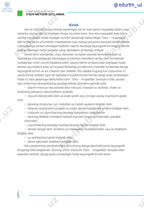 o‘quv-tarbiya jarayonini samarali tashkil etishda o‘qituvchilarga yordam beradigan tadbirlar majmui darslarga tayyorgarlik ko‘rishga ijodkorlik bilan yondashgan holda yangidan yangi tajribalarini qo‘llashga undaydi. davlat ta’lim standartlari, o‘quv dasturlari va rejalari asosida fanning maqsad va vazifalariga mos pedagogik texnologiya va interfaol metodlarni qo‘llay olish, ko‘rsatmali vositalardan o‘rinli, unumli foydalana bilish, nazariy bilimni amaliyot bilan bog‘lagan holda darsda o‘quvchilarni ijodiy va mustaqil fikrlashga yo‘naltiruvchi metodlar yordamida darsga tayyorgarlik ko‘rish va uni o‘tkazish davr talabidir. shu sababli bugungi kun o‘qituvchisi o‘z ustida tinmay ishlashi, ilg‘or ish tajribalarini kuzatib borishi hamda ularga ijodiy yondashgan holda o‘z dars jarayoniga tatbiq etishi lozim. “dars – muqaddas” tavsiyasi o‘zida, asosan, dars ishlanmasi (konspekt)ning quyidagi tarkibiy qismlarini qamrab oladi: – taqvim-mavzuiy reja asosida dars mavzusi, maqsad va vazifalari, shakli va turlarining tarbiyaviy imkoniyatlarini aniqlash; – o‘quvchi darsda bilib olishi va eslab qolishi zarur bo‘lgan asosiy mazmunni ajratib olish; – darsning strukturasi, turi, metodlari va o‘qitish usullarini belgilab olish; – …