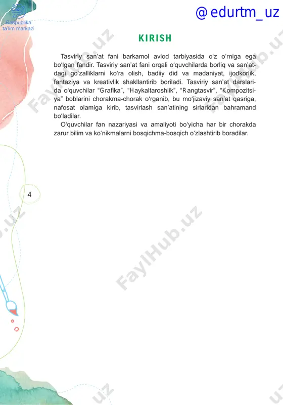 an amaliy mashg‘ulot” qismi o‘quvchilarning bilim va malakalarini shakllantirishda muhimdir. ta’lim muassasalarida ochiq darslarni kuzatgan o‘qituvchilar belgi- langan vaqt bo‘yicha, qismlarga ajratib tashkil qilingan darslar qiziqarli va tartibli bo‘lgani, darsning har bir qismida o‘quvchilar nazariy, amaliy- metodik jihatdan o‘z bilim, ko‘nikma va malakalarini mustahkamlab bor- gani, eng muhimi, 45 minutli vaqtdan samarali foydalanilganini ta’kid- laydi. o‘qituvchi tasviriy san’at, chizmachilik fanidan darsga tayyorgarlik ko‘rganida 45 minut orasida mavzu bo‘yicha qanday vazifalar amalga oshirilishini oldindan belgilab olsa, bunday dars sifatli o‘tadi. tasvi- riy sanat fani bo‘yicha o‘tkazilgan “yilning eng yaxshi fan o‘qituvchisi” ko‘rik-tanlovlari, shahar, tuman miqyosidagi ochiq darslarni kuzatish tah- lili, o‘rganish tajribasi shuni ko‘rsatmoqdaki, bugun fan o‘qituvchilarida darsni zamonaviy va sifatli tashkil qilish bo‘yicha mukammal, kengroq @edurtm_uz 7 yoritilgan dars ishlanmalari va tavsiyalarga ehtiyoj ortib bormoqda. shu maqsadda tasviriy san’at fani misolida 45 minutli darsni qismlarga ajra- tish, taxminiy minutlarga bo‘lish va tayyorlash, interfaol metodlarni dars qismlariga kiritib qo‘llash bo‘yicha metodologik …