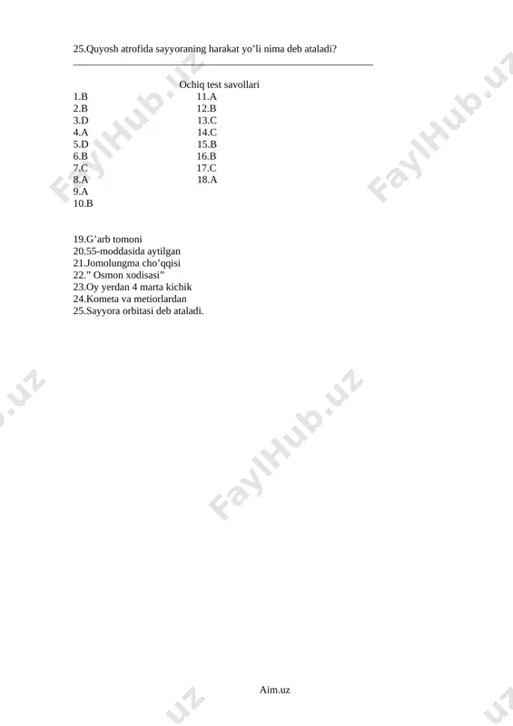 foydalanish va uni muhofaza qilish konstitutsiyamizning nechanchi moddasida aytilgan? a)50 - modda, b)55 - modda, d)52 - modda, c)54 - modda 2.b izdan nihoyatda olisda olovdek yonib turgan shar shaklidagi ulkan osmon jismi nima deb ataladi? a)oy, b)sayyora, d)yulduz, c)kometa 3.samarqandda yulduzlarni o’rganish uchun maxsus inshoot_rasadxona qurdirgan buyuk alloma nomini toping? a) beruniy, b)ibn sino, d)xorazmiy, c)ulug’bek 4.quyosh diametri yernikidan necha marta katta? a)109 marta, b)108 marta, d)107 marta, c)250 marta 5.quyosh sistemasidagi yirik osmon jismlari nima deb ataladi? a)kometalar b )yulduzlar, d)sayyoralar, c)metiorlar 6.yer sharining kichraytirilgan modeli nima deb ataladi? a)xarita, b)globus, d)kompas, c)atlas 7.kometa va metiorlardan yerni nima himoya qiladi? a)yulduzlar, b)sayyoralar, d)yerni o’rab turga n havo, c)quyosh 8.yerning tabiiy yo’ldoshi nomini ayting? a)quyosh, b)yulduzlar, d)kometa, c)oy 9.oy yer atrofini qancha vaqtda aylanib chiqadi? a)27 kun 8 soatda, b)28 kun 7 soatda d)29 kun 4soatda c)30kun 8soatda 10. yer sharining diometri qancha? a)12700 km b)12800km d)12900km c)12600 11. …