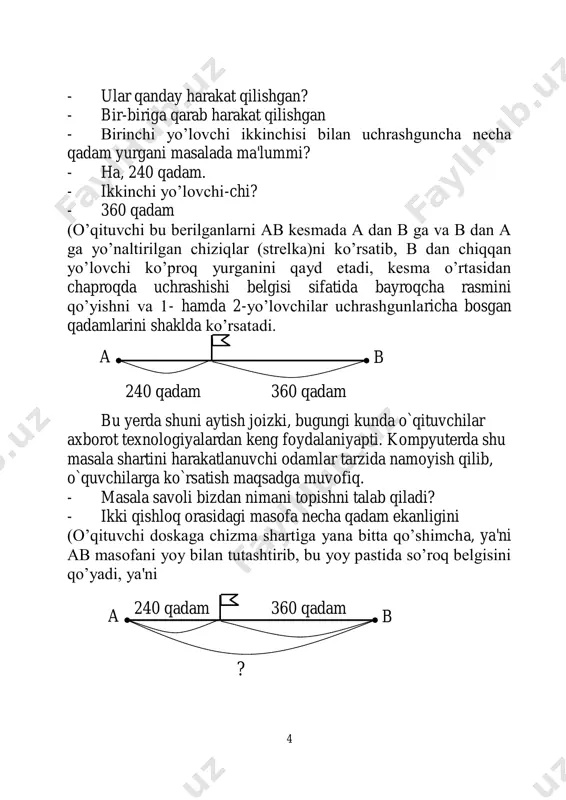 t vaqtga ham bog‟liqligini bilib olishadi. harakatga doir masalalar yechishga tayyorlanishadi. harakatga doir masalalarni yechish jarayonini sodda masalalarni qarashdan boshlash kerak. bunday sodda masalalar qatoriga ma'lum masofa va harakat vaqti bo‟yicha tezlikni topishga doir masalalar, ma'lum tezlik va harakat vaqtiga ko‟ra masofani topishga doir masalalar, ma'lum masofa va harakat tezligiga ko‟ra harakat vaqtini topishga doir masalalarni kiritish mumkin. demak, harakat asosiy 3 ta miqdor yo‟l (masofa), vaqt va tezlik orasidagi bog‟lanishni ifodalaydi. a b c 5 qadam 4 qadam ? masofa vaqt tezlik harakatga doir masalalar 7 2. tezlik va vaqt bo’yicha masofani aniqlash bunday masalalarni yechishga o‟rgatish birinchi navbatda o‟quvchiga tezlik tushunchasi bilan tanishtirishdan boshlanadi. bu ishni taxminan quyidagicha olib borish mumkin. - o‟quvchilar sizlar mashinaga minganmisiz? poyezdgachi? (o‟quvchilarning mashina va poyezdga minganliklari haqida javob olingach, mashina ham, poyezd ham boshqa transportlar ham harakat qilishi tushuntiriladi. ) masalan. poyezd 1 soat vaqtda 80 kilometr masofa (yo‟lni) o‟tdi deylik. demak, …