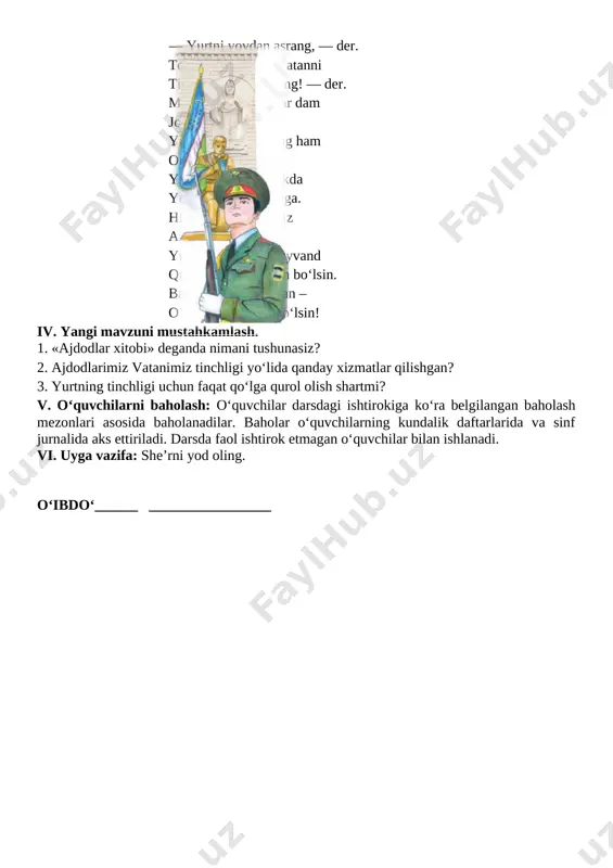gi yo‘lida qanday xizmatlar qilishgan? [image: image5.png]3. yurtning tinchligi uchun faqat qo‘lga qurol olish shartmi? iii. yangi mavzu bayoni: muallif haqida: shoir, nosir va dramaturg erkin samandar 1935 yili xorazm viloyatining xonqa tumanidagi navxos qishlogʻida dunyoga kelgan. xorazm davlat pedagogika institutida tahsil olgach (1952–1957), xorazm viloyati qoʻshkoʻpir tumanidagi beruniy nomli oʻrta maktabda oʻqituvchi (1957–1958)lik qildi. shundan soʻng urganch tumani “paxtakorlar ovozi” gazetasining texnik kotibi boʻldi. oʻzfa til va adabiyot instituti aspiranti (1967), oʻzbekiston televideniyesi “yoshlik” studiyasining bosh muharriri (1967–1969), adabiy-dramatik eshittirishlar programmasining bosh muharriri (1975–1977), “xorazm haqiqati” viloyat gazetasining muharriri boʻlib ishladi (1977–1990), masʼul vazifalarda faoliyat koʻrsatdi. shahzodaning bolaligi erkin samandar kuzbor malik kelib, malika oychechak huzurida ehti- rom ila bosh egdi. yo‘qlagan ekansiz, malikam! oychechak unga yonidan joy ko‘rsatib, o‘tirishga imo qildi. siz yaqinimsiz, kuzbor og‘a, — dedi malika nigo- hini unga tikib, — shuning uchun sizga ishonaman. malikam! malik uning qarshisida tiz cho‘kdi. buyuring, ne yumush! nima qilay? …