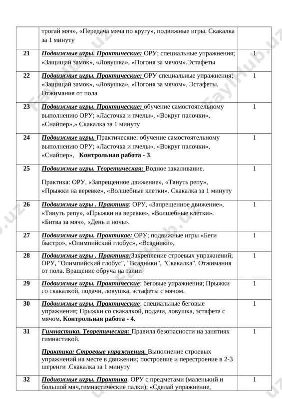 na talii 1 29 podvijnie igri. prakticheskie: begovie uprajneniya; prijki so skakalkoy, podachi, lovushka, estafeti s myachom. 1 30 podvijnie igri. prakticheskie: spetsialnie begovie uprajneniya; prijki so skakalkoy, podachi, lovushka, estafeta s myachom. kontrolnaya rabota - 4. 1 31 gimnastika. teoreticheskaya: pravila bezopasnosti na zanyatiyax gimnastikoy. praktika: stroevie uprajneniya. vipolnenie stroevix uprajneniy na meste v dvijenii; postroenie i perestroenie v 2-3 sherengi .skakalka za 1 minutu 1 32 podivjnie igri. praktika. oru s predmetami (malenkiy i bolshoy myach,gimnasticheskie palki); «sdelay uprajnenie, zapomni», «na dinnom pole», «poloji myach v korzinu»; «vorobi i mashina».«silniy i manevrenniy» 1 iii chetvert (20 ch) № nazva-e 33 34 35 36 37 38 39 40 41 42 43 44 45 46 47 48 49 50 51 52 1 teoreticheskie znaniya v protsesse urokov 2 gimnastika + + + + + + k + + + + + + + + k 3 lyogkaya atletika 4 podvijnie …