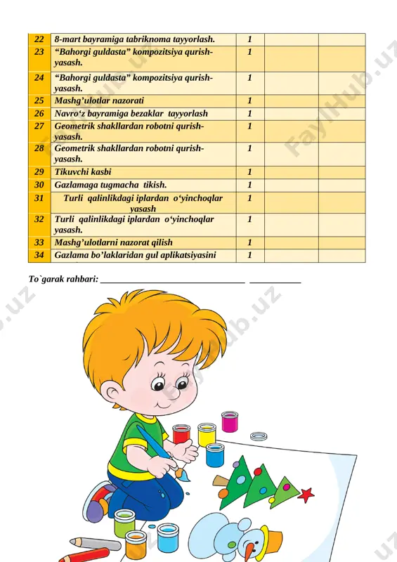 ng, uni o‘qituvchingizga topshiring. bigizdan foydalanish qoidalari 1. avvalo bigiz bilan ishlaganingizda ustozingiz yoki ota-onangiz ko‘magiga tayaning. 2. bigizni o‘rinsiz ishlatmang. [image: ]3. sirti silliq va sirpanchiq bo‘lgan qattiq predmetlarni bigiz bilan teshmang. 4. teshiladigan predmetni qo‘lingizda ushlamang, uni stol, taglik ustiga qo‘yib teshing. pichoq bilan ishlash qoidalari [image: ]1. kanselyariya pichog‘idan o‘qituvchingiz yordamida foydalaning. [image: ]2. kanselyariya pichog‘ini o‘qituvchi ko‘rsatganidek ishlating, kesayotganda qattiq bosmang. igna bilan ishlash qoidalari 1. ignani ishlatib bo‘lgach, maxsus yostiqchaga sanchib qo‘ying. 2. ignani hech qachon og‘zingizga solmang. 3. ortiqcha ignalarni maxsus igna idishda saqlang. 4. ishdan oldin va ishdan keyin ignalarni sanab ko‘ring, yetishmagan ignalarni, albatta, toping. [image: c:\users\user\appdata\local\microsoft\windows\temporary internet files\content.word\izobrajenie 049.jpg] o`tilgan mavzuni mustahkamlash uchun,klaster usulida mehnat ta`limi mashg’ulotlarida kerak bo`ladigan ish qurollarini doskaga yozamiz. bunda oldindan tayyorlab qo`yilgan ko`rgazmadan foydalanamiz. o’quvchilarga quyidagi savollarni berib,ularni javoblari baholanadi. 1.qanday mehnat qurollarini bilasiz? 2.ulardan foydalanishda qanday tehnika xavfsizligi qoidalariga rioya qilish kerak? 3.qaychidan foydalanishda tehnika …