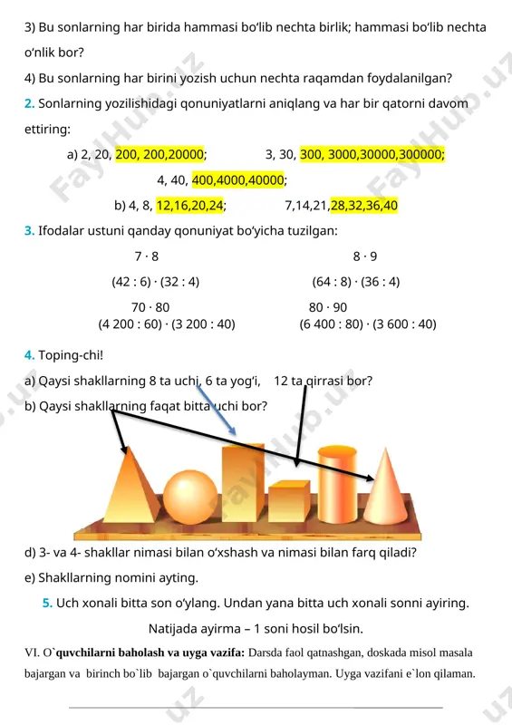 00=x+3*x 4x=1200 x=300 tushdan kegin tushgacha 900 ta uyga vazifa 6-7 - misol. bajarilishi yuzasidan ko`rsatma berib darsni yakunlayman. o’tibdo’______ _________________ sana____________ 202__ yil fan: matematika 3 mavzu: tengsizliklarni tanlash usuli bilan yechish maqsad: ta’limiy: o’quvchilarni “tengsizliklarni tanlash usuli bilan yechish” xossalari bilan tanishrirish, bilim ko`nikma hosil qilish. tarbiyaviy: sport bilan shug`ullanishni targ`ib qilish, ish bajarishda tozalikka, ozodalikka, tartibga rioya qilishga o`rgatish. rivojlantiruvchi: o’quvchilarda matematik nutq, xotira, tafakkurni, yozuv ko’nikmalarini rivojlantirish. o’quvchilarning faolligini oshirish, olingan bilimlarini hayot bilan bog’lash fanga oid kompetensiyalar: sodda real hodisalarni matematik tilda ifodalash usullarining samarali ekanligini tushuna olish. metodi: savol javob, tushuntirish jihozi: mavzuga oid ko’rgazma, tarqatmalar.kitob darsning borishi. i.tashkiliy qism. salomlashish, davomotni aniqlash, `o`quvchilarni o`quv qurollarini nazoratdan o`tkazish, aylanma daftarlarni almashtirish. ii. otgan mavzuni so’rash va mustahkamlash. o`tilgan darsda “takrorlash ” yuzasidan savol-javob o`tkazish, uy vazifasini bajarilishini tahlili o`tkazilib no`to`g`ri bajarilgan misollar yuzasidan ko`rsatma beraman.telgram orqali @mehmonlarga telefon nomer 97-227-89-26 iii yangi mavzu bayoni: …