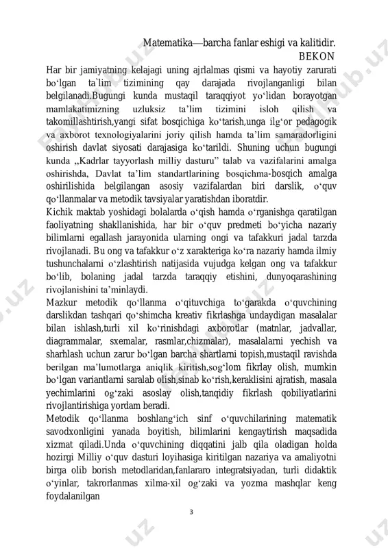 a r 9 joylashtiringki, kvadratning har bir qatori va ustuni bo‘yicha sonlar yig‘indisi 15 ga teng bo‘lsin. javob: sana: _____________ 2-mashg‘ulot mavzu: sonlar ensiklopediyasi. maqsad: o‘quvchilarni sonlar haqidagi ma’lumotlar, she’rlar, topishmoqlar bilan tanishtirish, ularning mantiqiy fikrlash qobiliyatlarini o‘stirish; jihoz: topishmoqlar, ko‘rgazmali rasmlar, didaktik materiallar; mashg‘ulotning borishi: matematik topishmoqlar bir daraxtda o‘n ikki butoq, uch yuz oltmish besh yaproq. yaproqlarning bir yog‘i qora, bir yog‘i oq. (yil, oy, kun, kecha, kunduz ) o‘ynar uchta qiz bola , go‘yo ochilgan lola. do‘stlari kelishdi beshta, ayt ular bo‘ldi nechta? ( 8ta ) oppoq tovuq don cho‘qir, suv ichadi qorasi . 10 4 necha tovuq bo‘ladi, qo‘shilganda olasi . ( 3ta ) kelishardi izlab buloq, bir echki-yu ikkiuloq. ularda bor necha quloq, qancha oyoq hamda tuyoq. (3x2 3x4 3x8) ko‘m-ko‘k archa ostiga qurdik belanchak, belanchakda uchmoqqa turar navbatda. sakkiz malla tulki-yu, beshta bo‘richa, yetti ayiq bolasi, bir juft quyoncha aytinglar-chi bolalar, hammasi nechta? (8+5+7+2 …