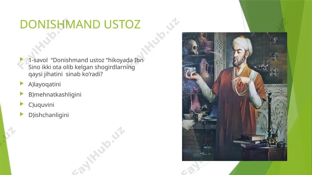 iqishi yo’q sifatida baholangan. 8-savol “shu o‘n kun orasida nabotot ichida yurib tabiblikdan alifni o‘rganmabsanmi”jumlasini qanday izohlardingiz .izohlaganda iboralar ,maqollardan unumli foydalaning. 1)avval bil, keyin qil. 2)avval o'rgan, keyin o'rgat. 3)aql ko'pga yetgazar, hunar - ko'kka. 4)barakat-mag'izda, hunarli qo'l-og'izda. 5)bilimliga dunyo yorug', bilimsizga — qorong'u. 6)bilimsiz kishiga ish yo'q, ilmsiz kishiga osh yo'q. 8)tikansiz gul bo'lmas, mashaqqatsiz — hunar. 10)tasbeh ag'darganning bari mulla emas, tayoq tutganning bail cho'pon emas. 9)tekin boylik axtarguncha, o'zingga bop hunar top. 11)shogirding oqil bo'lsa, boshingda toj, shogirding erka bo'lsa, boshga tayoq. 12)o'qigan o'qigan emas, uqqan — o'qigan. 13)har ishning bir ustasi bor, har ustaning bir ustozi bor. 7)bilmagan ayb emas, bilishga tirishmagan ayb. 14)bilmas tabib jon olar. 15)tabib- tabib emas, boshidan o’tgan tabib.. matn yuzasidan maqollar matn tahlilini quyidagi so’zlar bilan yakunlayman zakovatli uqadi ,bilimli biladi. bilimli ,zakovatli tilakka yetadi. bilimni buyuk, o‘quvni ulug‘ bil, bu ikkisi tanlangan bandasini ulug‘laydi. zakovat qayerda bo‘lsa, ulug‘lik bo‘ladi, …
