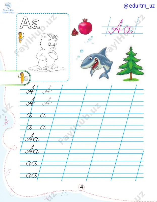 shaydi. bular – ______________, ____________, ____________, ____________, ____________, ____________, ____________, ____________. yovvoyi hayvonlarni hayvonot bog‘ida ham ko‘rishimiz mumkin. o‘rmonda sana: _________ @edurtm_uz 69 fil nima qilyapti? … u _________. kenguru nima qilyapti? ... u ____________. olmaxon nima qilyapti? … u __________. sher nima qilyapti? ... u _______. o‘rmon qahramonlari sana: _________ ha yo‘q sher chaqqon. kenguru mehribon. olmaxon dono. fil kuchli. @edurtm_uz 70 sana: _________ odinaga mushuk, tovuq yoqadi. it va sigir yoqmaydi. akbarga __________, _________ yoqadi. ____________ va ___________ yoqmay- di. boboga ______________, _____________ yoqadi. _____________ yoqmaydi. buvi- ga ____________, ____________ yoqadi. ____________ yoqmaydi. sizga qanday hayvon yoqadi? yoqadi yoqmaydi mushuk qo‘y it ot sigir echki tovuq odina akbar bobo buvi @edurtm_uz 71 sana: _________ 9 51 2 3 4 7 12 10 11 8 6 1. yo‘lbars 2. olmaxon 3. ayiq 4. sher 5. kenguru 6. zebra 7. tulki 8. maymun 9. bo‘ri 10. jirafa 11. fil 12. …