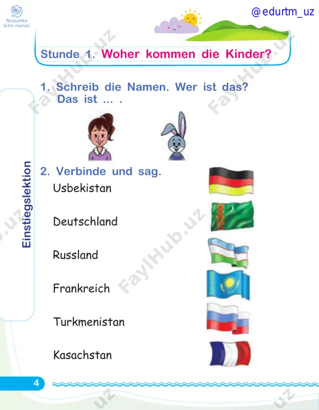 _uz 23 stunde 4. otto lernt nicht gern 1. ergänze den text. das ist mein freund otto. er __________ nicht so gern, er ____________ aber gern. otto _________ in der pause gern. 2. schreib die sätze richtig. 1) gern, spielt, timur. 2) otto, nicht gern, schreibt. 3) spielt, asisa, nicht, gern fußball. 4) sofie, gern, hört, musik. ___________________________________________ ___________________________________________ ___________________________________________ ___________________________________________ ___________________________________________ ___________________________________________ lernt, spielt, schreibt @edurtm_uz 24 stunde 5. zahlenparty 1. finde und schreib zahlen mit ziffern. beispiel: drei - 3 d r e i z e h n r z w ö l f a e e e f ü n f c u i v i e r z e n s e v h z e h n 2. rechne. wie viele sind das? --- zehn plus neun ist neunzehn. 10 12 18 11 15 + + - + - 9 5 3 6 4 = …