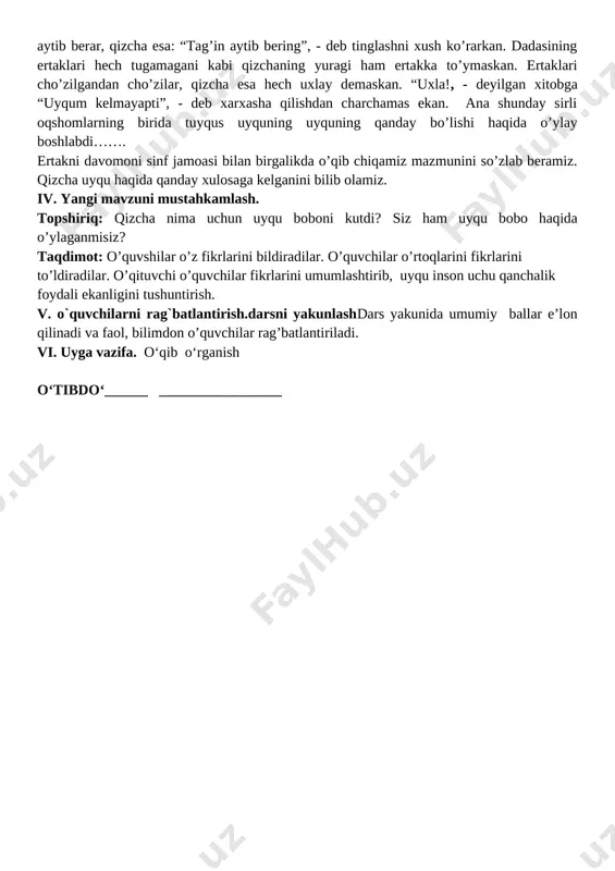 niqlash, tozalikni tekshirish. b)manaviyat daqiqasini o’tkazish d) ingliz tili daqiqasi ; crown - toj, ii o’tgan mavzuni mustahkamlash o’quvchilar bilan savol-javob o’tkaziladi. dars davomida o’quvchilar rag’batlantirilib baholanadi. savol va topshiriqlar: iii. yangi mavzu bayoni: hunarsiz kishi o’limga yaqin i–qism o‘tgan zamonda bir podshoh yashagan ekan. kunlarning birida u ovga chiqibdi-da, o‘sha yerdagi bir o‘tinchining go‘zal qizini ko‘rib, sevib qolibdi. podshoh tomonidan kelgan sovchilarga: — podshohingizning nima hunari bor, men hunarli kishiga turmushga chiqaman? — debdi qiz. sovchilar: — dunyoda podshohlikdan ham katta hunar bo‘ladimi? podshoh barcha hunarli fuqaroning otasi bo‘ladi, — deyishibdi. qiz: — menga [image: image4.png]hunarlilarning otasi kerak emas, hunarlining o‘zi kerak. zamon o‘zgarishi bilan bugun podshoh bo‘lgan kishi ertaga tilanchi bo‘lib qolishi mumkin. podshohingizga borib ayting, menga hunarini ko‘rsatsin, undan so‘ng tegaman, — debdi. sovchilar qaytib kelib, qizning javobini aytibdilar. podshohning bu so‘zlarga achchig‘i kelib, qizni jazolamoqchi bo‘libdi-yu, biroq qizga bo‘lgan sevgisi bunga yo‘l bermabdi. nima qilarini bilmay, …