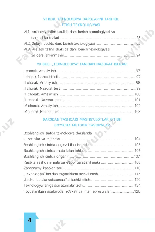 sifatida yaratildi. o‘zbekiston respublikasi prezidentining 2019-yil 29-apreldagi pf-5712-son farmoni asosida qabul qilingan „o‘zbekiston respublikasi xalq ta’limi tizimini 2030- yilgacha rivojlantirish konsepsiyasi“ asosida bir qator reja va loyihalar ishlab chiqildi. xususan, umumiy o‘rta ta’lim muassasalari uchun „yangi avlod darsliklari“ni yaratish va „texnologiya“ fanini rivojlantirish konsepsiyalari ishlab chiqildi. „texnologiya“ fanini o‘qitishning asosiy vazifalari: • „texnologiya“ fanini o‘qitishning zamonaviy shakl, usul va metodlarini qo‘llash; • an’anaviy ta’lim, masofaviy ta’lim va aralash ta’lim turlari- dan foydalangan holda kasbga yo‘naltirish, bilimlarni egal lash, mustaqil ta’lim uchun sharoit yaratish; • ta’lim jarayonida tayanch bilim, ko‘nikma, malaka va kom petensiyalarni mehnat bozori konyunkturasiga mos ra- vishda tashkil etish. yangi avlod darsliklar majmuasining yaratilishi o‘quvchi­ larning mustaqil ravishda bilim olishi hamda o‘qituvchilarga metodik yordam berishga mo‘ljallangan bo‘lib, u o‘z ichiga quyidagi usullarni qamrab olgan: • an’anaviy (klassik) ta’lim berish usuli; • onlayn ta’lim berish usuli; • aralash (blended learning) ta’lim berish usuli. bugungi ta’lim tizimi eski mazmundagi o‘quv …