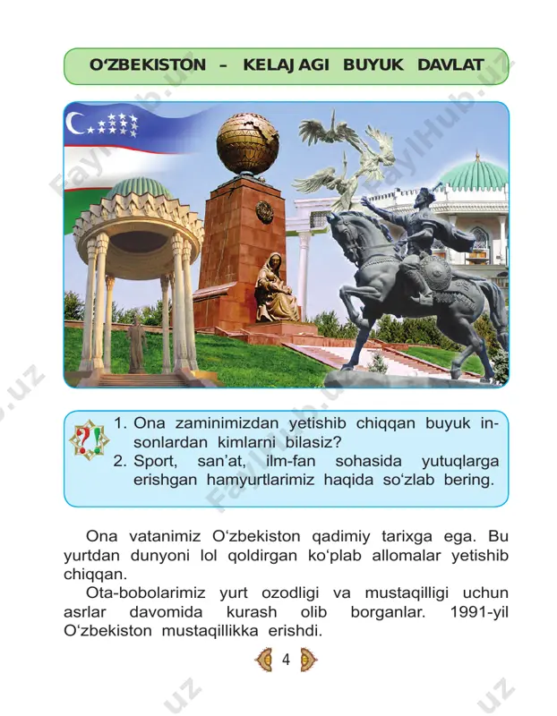 larni bilasiz? 2. notinchlik hukm surayotgan mamlakatlardagi bolalarning hayoti haqida mulohaza yuriting. 3. tinchlikni asrash uchun nimalarga amal qi lishimiz lozim? buyuk vatanparvar buyuk alloma najmiddin kubro donishmand va jasur inson bo‘lgan. chinakam vatanparvarlik, jasorat degan- da mana shunday ajdodlarimiz ko‘z oldimizga keladi. bir zamonlar chingizxon boshchiligidagi mo‘g‘ul-ta- tar bosqinchilari yurtimizga bostirib kelgan. bosqinchilar qishloq-shaharlarni talab, kulini ko‘kka sovurib ketardilar. najmiddin kubroning ilm-ma’rifat o‘rganaman deb turli mamlakatlardan kelgan to‘rt yuzdan ortiq shogirdi bor edi. u shogirdlarini to‘plab, shunday dedi: – yurtimizga kelgan bu balo hamma yoqni yakson etadi. har biringiz o‘z yurtingiz sari yo‘lga chiqing. – ulug‘ shayx, ot-ulovlar tayyor, vaqtni o‘tkazmay siz ham tinch joylarga keting, – deb iltimos qilishdi shogirdlari. – men bu urushda qurbon bo‘lishimni bilaman, ammo o‘z vatanimni tashlab ketolmayman. sizlarga esa oq yo‘l, – dedi shayx. 9 najmiddin kubro xalqni to‘plab, vatanni himoya qi lishga chaqirdi. ikki o‘rtada qattiq olishuv boshlan- di. najmiddin kubro bir …