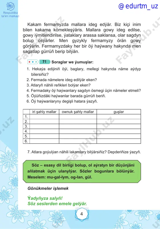 k gidenden soň, uly syçanlar ýygylypdyr we kiçi syçandan sorapdyrlar: – nähili ýagdaýyň, pişik seni iýmedimi? syçan diýipdir: – ýok , men pişigi iýjekdim. soň uly syçanlaryň biri uzyn guýrugyny çüýşäniň içine sokupdyr. kiçi syçan bolsa guýrukdan tututdyr. şeýdip syçanlar bir-birini çekip syçanjygy boşadypdyrlar we öz hinlerine gaçyp giripdirler. bir wagt ýüpüň ujuna çeňňegi daňyp, pişik gelipdir. görse çüýşe boş. şonda pişik: «gör syçanlar nähili mekir bol ýar!» – diýipdir. ?! soraglar we ýumuşlar: 1. hekaýanyň esasy gahrymanlary kim? 2. syçan nädip pişigi ýeňipdir? 3. ertekide «dostluk» ýeňiş gazanandygyny subut edýän setirleri tapyp okap beriň. @edurtm_uz 9 gönükmeler işlemek g gönükme 7. teksti okaň. birinji we ikinji sözlemi göçüriň. göçüren sözleriňiziň her birinde näçe ses bardygyny aýdyň. özbegistan – watanym meniň özbegistan respublikasynyň paýtagty – daşkent. özbegistan köp milletli döwlet. 1991-nji ýylyň 1-nji sentýabry iň mübärek gün. muny hiç ýatdan çykarmaň! çünki şol güni özbegistan respublikasy garaşsyz diýlip yglan edildi. …
