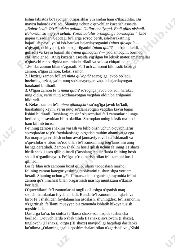 qlardan foydalaniladi. dasturga ko'ra 3-sinfda bo'lishli va bo'lishsiz fe’llar o'rganiladi. mavzu suhbat asosida tushuntiriladi. suhbat uchun „o'qish darsida kimlar o'qidi? shokir ham o'qidimi? kim so'zladi? alisher so'zladimi? barno kutubxonaga boradimi? abdulla-chi?, u qachon bormoqchi? hozir kim tushuntirayapti? hozir tohir gapiryaptimi?" kabi savol­ lardan ham foydalaniladi. o'quvchilar so'roq berib fe’llarni topadilar, ma’nosini qiyoslaydilar va o'qituvchi rahbarligida tushuntiradilar. xulosa chiqariladi: fe’l harakatning yuzaga chiqqanini, ya’ni bajaril- ganligini (o'qidi, so'zladi), hozir bajarilayotganini (tushuntiryapti), endi bajarilishini (boradi, o ‘qiydi) bildiradi. bu fe’llar bo'lishli fe’llar deyiladi. ayrim fe’llar harakatning bajarilmaganligini (o'qimadi, so'zlamadi), hozir bajarilmayotganini (o'qimayapti), keyin ham bajarilmasligini (bormaydi) bildiradi. bunday fe’llar bo'lishsiz fe’llar deyiladi. 0 ‘quvchilar bo'lishli va bo'lishsiz fe’llarni so'roqlari bilan ikki ustun shaklida yozadilar va so'roqlarini bo'lishsiz fe’l qanday hosil bo'lganini aytadilar. o'quvchilar bilimi mashqlar bilan mustahkam- lanadi, bo'lishsizlik qo'shimchasi -ma -mi shaklida talaffuz qilinsa ham, doim aslicha -ma shaklida yozilishi tushuntiriladi. o'quvchilarda bo'lishli va bo'lishsiz fe’llarni ma’nolariga qarab farqlash ko'nikmasini o'stirish …