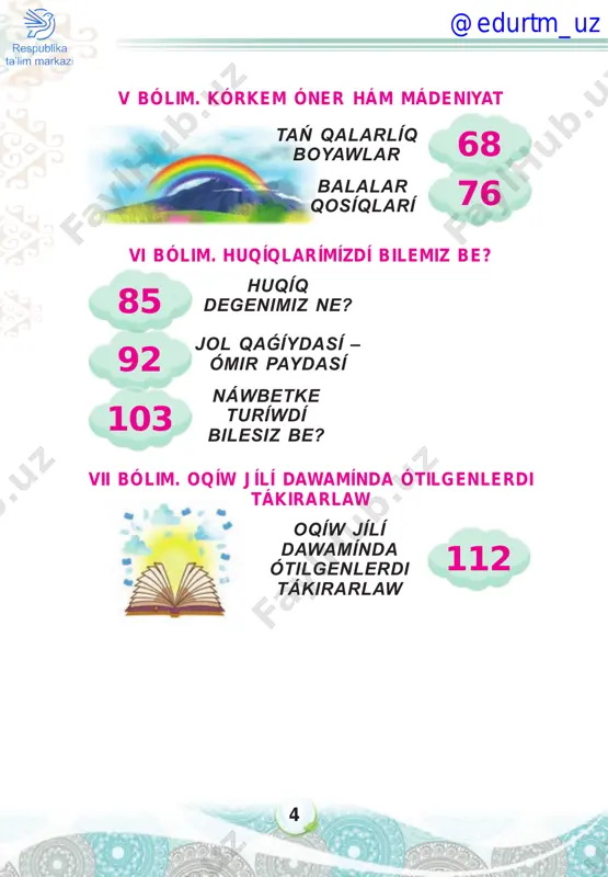 tr, awırlıǵı 1-2 kilogramm átirapında boladı. uzın qulaqlı, mamıq jún menen qaplanǵan, denesi sozılıwǵa qayım, shóp jeytuǵın haywan. qoyanlar jırtqısh haywanlar hám quslar oljası bolǵanı ushın da júdá saqlıq penen háreketlenedi. qoyanlar jer júziniń barlıq jerinde ushıraydı. qoyanlar shańaraq bolıp óz uyalarında jasaydı. olar tiykarınan gósh ushın, sonday-aq, jumsaq jún hám terisi ushın baǵıladı. sebebi onıń júni hám terisinen hár túrli sharf, bas kiyim sıyaqlılar islep shıǵıladı. qoyanlar shóp, tamırlı miyweler hám basqalar menen azıqlanadı. qoyanlar ortasha 7-10 jıl átirapında ómir súredi. qoyanlar jasawı ushın 3 metr keletuǵın shuqır qazadı. bul úy birneshe kiriw hám shıǵıw jollarınan, @edurtm_uz 11 xanalardan ibarat boladı. úyde uyqılaw, awqatlanıw ushın óz aldına xanalar boladı. 1-tapsırma. sorawlarǵa juwap beriń. 1. qoyanlar qanday haywan? 2. ol nelerden qorqadı? 3. olardı adamlar ne ushın baǵadı? 2-tapsırma. qoyanlar haqqında maǵlıwmatlardı óz sózińiz benen almastırıp, mánisi sáykes keletuǵın sózler menen aytıp beriń. eslep qalıń! sulıw – gózzal, insan – …