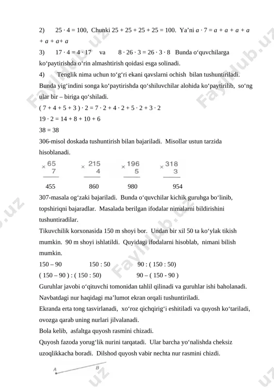 rga yana nimalarni misolqilib keltirish mumkin? o‘quvchilar misol keltiradilar. [image: ] iv. yangi mavzuni mustahkamlash. yangi mavzuni mustahkamlashda “nur va kesma ”mashqi o‘tkaziladi. shu bilan birga dam olish daqiqasi ham o‘tkaziladi. o‘quvchilar “nur” deyilganda qo‘llaridagi lentalarini faqat bir tomonini ushlab ikkinchi tomonini qo‘yib yuborgan holda nurni ko‘rsatadilar. “kesma ” deyilganda lentaning har ikki tomonidan gorizontal holda tutib ko‘rsatadilar. o‘qituvchi o‘quvchilarni chalg‘itish uchun turli usullarda aytadi va o‘quvchilardan diqqatlilik talab etiladi. mashq bir necha marta o‘tkaziladi. v. uyga vazifa berish. 309-misol va 310-masala sharti tushuntiriladi. vi. o‘quvchilarni baholash va darsga yakun yasash. bugungi darsda nimalarni o‘rganganlari bir sidra so‘raladi. dars haqidagi fikrlari bilan o‘rtoqlashiladi. o‘quvchilarning darsdagi ishtirokiga ko‘ra baholanadi va rag‘batlantiriladi. image1.png image2.emf image3.png image4.png