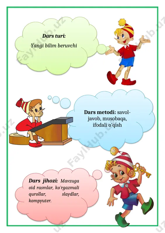 avzuni mustahkamlash uchun o`quvchilar o`rtasida “veen diagrammasi”metodi o`tkaziladi: unga ko`ra qishda o`zbekistonda qishlab qoladigan, hamda qishlab qolmaydigan qushlar solishtiriladi. musicha va qaldirg`och o`zaro qiyoslanadi. ularning avval shaxsiy xususiyatlari so`ngra o`xshash xususiyatlari taqqoslanadi. doskada ikki o`quvchi chiqadi. biri musichani, ikkinchisi qaldirg`ochning shaxsiy xususiyatlarini yozadilar. so`ng o`xshash xususiyatlarini aniqlaydilar. dars yakuni: darsda faol qatnashgan o`quvchilar rag`batlantiriladi, baholanadi. olgan baholari kundaliklariga sinf jurnaliga qo`yiladi. uyga vazifa beriladi. uyga vazifa : she`rni yod olish. [image: ][image: ] [bookmark: _goback] a) salomlashish; b) davomatni aniqlash; d) tozalikni tekshirish; shiorimiz. bilim olish burchimiz, unga yetar kuchimiz. tarbiyaviy: kattalar singari qushlarni himoya qilish, ularga qishda yordam berishga o`rgatish. ta`limiy maqsad: to`g`ri ongli, ifodali o`qishga o`rgatish.tushungan holda o`qishga o`rgatish. rivojlantiruvchi:o`tilgan matnni hikoya qila olishga o`rgatish. fk1- ertak she`riy matnlarni tinglab tushuna oladi, ularni ongli , ifodali to`g`ri tez o`qiy oladi. o`qilgan matnlarni mazmunini tushuna oladi va mazmunga mos maqol vahikmatli so`zlarni topa oladi. tk4-badiiy adabiyotda aks etgan mehribonlik, …