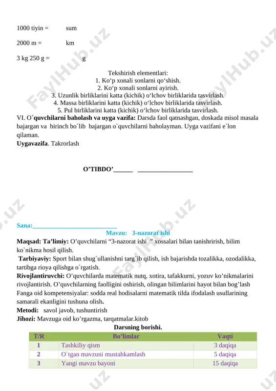 yo‘l yurishdi. ular 3 soat 4 km/h tezlik bilan yurishdi. qolgan yo‘lni 5 km/h tezlik bilan o‘tishdi. sayyohlar necha soat yo‘lda bo‘lishgan? yechim: 3*4=12 22-12=10 10:5=2 2+3=5 javob: 5 soat yurishgan 5-misol. yengil avtomobil yo‘lda 4 soat bo‘ldi va 240 km masofani bosib o‘tdi. yuk mashinasi yo‘lda 3 soat bo‘ldi va 120 km masofani bosib o‘tdi. yengil avtomobilning tezligi yuk mashinasining tezligidan qancha ortiq? yechim: 240:4=60 120:3=40 60-40=20 javob:20 km/h ga misolni o’quvchilar mustaqil bajaradilar. ular ishini kuzatish va baholash. iv yangi mavzuni mustahkamlash o’quvchilar yozuvini nazorat qilish. 4 - masala shartini tushuntirish. hamma shakllar bir so’z bilan qanday nomlanadi. v. o`quvchilarni rag`batlantirish. darsni yakunlash.: darsda faol qatnashgan, doskada misol masala bajargan va birinch bo`lib bajargan o`quvchilarni baholayman. uyga vazifani e`lon qilaman. vi. uyga vazifa: takrorlash o`ibdo`:_________ __________________ sana:________________________________ mavzu: 14- nazorat ishi maqsad: o’quvchilarga dts talablari asosida sonlarni ko’paytirish va bo’lishni o’rgatish. ta’limiy: o’quvchilarga “nazorat ishi ” ko’rinishidagi misollarni …