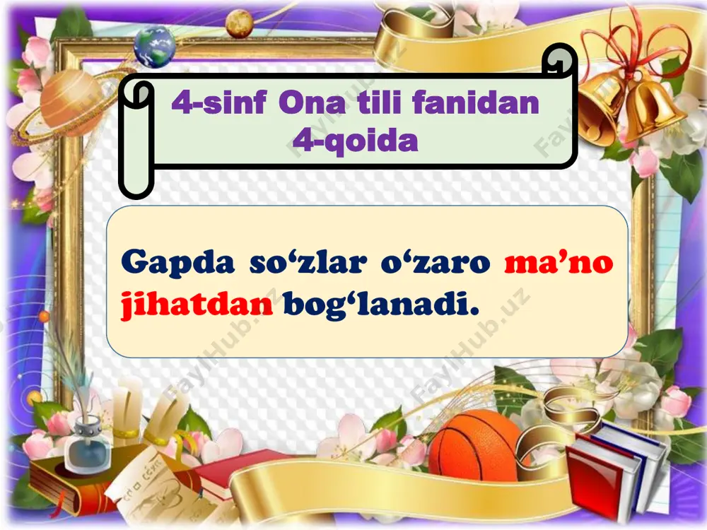 ajariladigan (yoki bajarilmaydigan) harakatni bildiradi. -moqchi kelasi zamon qo‘shimcha- sidir. 4-sinf ona tili fanidan 43-qoida fe’llardagi -m, -man, -ng, -san, -di(- ti), -k, -miz, -ngiz, -siz, -di(lar) shaxs-son qo‘shimchalaridir. shaxs-son qo‘shimcha- lari harakatning uch shaxsdan biri tomonidan birlik va ko‘plikda bajarilgan yoki bajarilmaganini bildiradi. 4-sinf ona tili fanidan 44-qoida shaxs-son qo‘shimchalari tuslovchi qo‘shimchalardir. fe’llarning tuslovchi qo‘shim- chalar bilan qo‘llanishi tuslanish deyiladi. 4-sinf ona tili fanidan 45-qoida fe’llardagi shaxs- son qo‘shimchalari gap- da so‘zlarni bir-biriga bog‘laydi. 4-sinf ona tili fanidan 46-qoida -la, -lan, -sira, -illa (-ulla), -lash fe’l yasovchi qo‘shimchalardir. 4-sinf ona tili fanidan 47-qoida