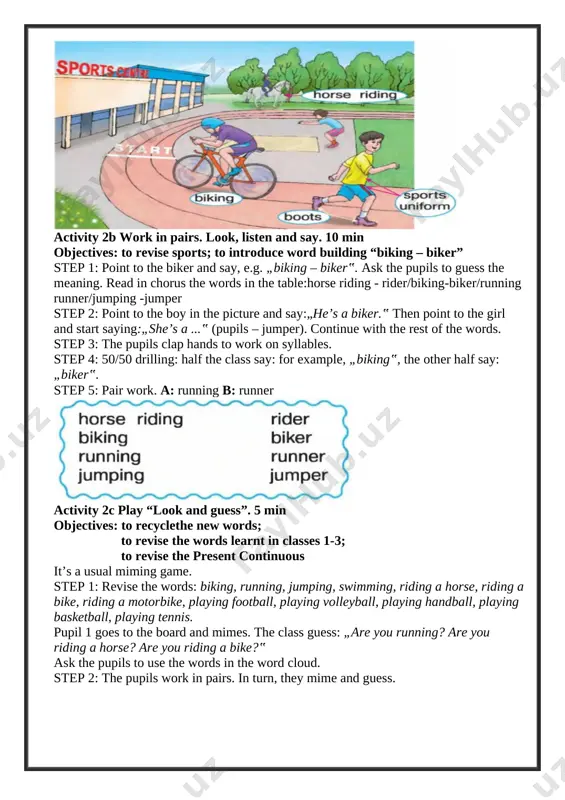 club starts at 2.00. the horse riding club works on tuesdays, thursdays and saturdays. it starts at 2.30. the tennis club works on wednesdays, fridays and sundays. the tennis club starts at 3.15. the chess club works on tuesdays and thursdays. the tennis club starts at 4.45. [image: ] answer key: [image: ] v. post-activity activity 3b choose the club and complete. 5 min objectives: to revise the time and days of the week; to recycle the new vocabulary the pupils choose a club (from activity 3a) they would like to go and complete the sentences. [image: ] vi. homework 5 min ask the pupils to look at the homework. check that everybody understands what to do. if necessary, explain that they must complete the table using the information from activity 3a. [image: ] answer key: [image: ] [image: ð�ð°ñ�ñ�ð¸ð½ðºð¸ ð¿ð¾ ð·ð°ð¿ñ�ð¾ñ�ñ� biker cartoon][image: ð�ð°ñ�ñ�ð¸ð½ðºð¸ ð¿ð¾ ð·ð°ð¿ñ�ð¾ñ�ñ� horse rider cartoon][image: …
