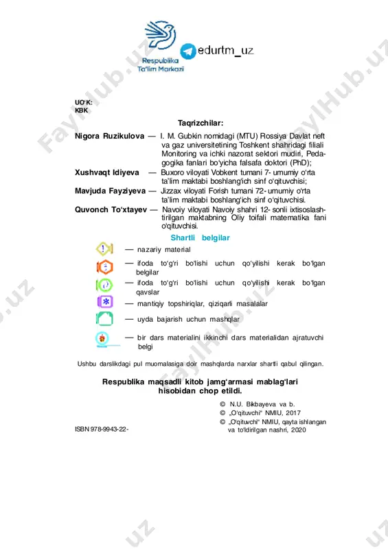 g: x + 1 700 2 006 3. 1 445 : 85 3 612 : 12 7 530 : 15 4. radiusi 2 cm bo‘lgan doira chizing. 5. ifodalarning qiymatini toping: 376 : (168 – 82 · 2) (1 000 – 625) : 5 + 63 · 8 315 – 15 · 4 : 2 7 · (281 – 156) – 6 · 135 : 5 6. qisqa yozuvi bo‘yicha masala tuzing va yeching: paltolar – 24 plashlar – ?, 6 ta ko‘p kurtkalar – ?, 5 marta kam ma k x d e b c o 9 1 dan 1000 000 gacha bo‘lgan sonlarni raqamlash pozitsion va nopozitsion sanoq sistemalari 1. har bir sonning yozilishida 3 raqami nimani anglatadi? sonlar yozuvida ayni bir raqam, u qaysi xo- nada turganiga qarab, har xil qiymatga ega bo‘ladi. masalan, 273 sonidagi 3 raqami bir- lar xonasida turibdi, shu sababli u 3 birlikni …