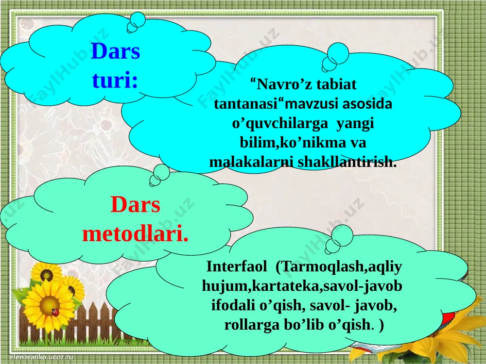 di. ko’chalar tozalanadi. daraxtlar oqlanadi. navro’zda uylar ko’tariladi. ● navro’z taomlari haqida so’raladi. ● navro’z urf-odatlari haqida so’zlaydilar. harakatli dam olish daqiqasi o’tkaziladi. bog’imizga ko’chat ekdik ko’chatni biz sug’ordik, ko’chatim o’sib ketdi bo’yi osmonga yetdi. iv. mustahkamlash. 2-topshiriq: savollar: siz navro’z saylida qatnashganmisiz? navro’z bayrami haqida og’zaki hikoya tuzing! matndan qanday yangiliklarni bilib oldingiz? navro’z navro’z yangi kun degani. yasharish-yangilanish degani. gina qudratlar yo’qoladi. arazlashganlar yarashadi. keksalar holidan habar olinadi. 3-topshiriq. • guruhlar navro’z haqida berilgan mavzular bo’yicha so’zlab beradilar navro’z so’zining ma’nosi. navro’z taomlari. navro’z urf-odatlari navro’zda qilinadigan ishlar. v. dars yakuni. guruhlar taqdimotidan keyin, ular to’plagan ballar e’lon qilinadi. g’olib guruh rag’batlantiriladi. o’quvchilar baholanadi vi. uyga vazifa: matnni o’qish va so’zlab berishga tayyorgarlik ko’rish image2.wmf image3.gif image4.gif image5.jpeg image6.gif image7.wmf image8.gif image9.gif image10.jpeg image11.gif image12.png image13.gif image14.png image15.png image16.png image17.jpeg image18.jpeg image19.jpeg image20.jpeg image21.png image22.png image23.png image24.jpeg image25.jpeg image26.png image27.png image28.jpeg image29.jpeg image30.jpeg image31.gif image32.jpeg image33.jpeg image1.jpeg