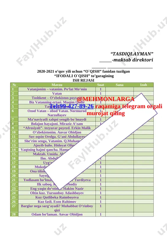onni sevishga va uni ardoqlashga o’rgatish. unga mehr- muhabbat ruhida tarbiyalash. rivojlanturuvchi: o’quvchilarni og’zaki nutqini o’stirish.@mehmonlarga tel:99-427-89-26 raqamiga telegram orgali murojat qiling o`quv jarayoniga oid kompetensiya: .f.k.1. o‘qilgan matnlarning mazmunini tushuna oladi va mavzuga mos maqol va hikmatli so‘zlarni topa oladi;t.k.3. mehnatsevarlik, to‘g‘rilik, hurmat qilish kabi sifatlarga ega bo‘lish; mashg`ulotning turi: yangi bilim beruvchi mashg`ulot. mashg`ulotning metodi: suhbat, tanishtirish, ko’rgazmali, mustaqil ish, amaliy ishlar, sayr sayohat. mashg`ulotning jihozi: mavzuga doir suratlar. i. tashkiliy qism: a) salomlashish b) davomotni aniqlash c) ma’naviyat daqiqasini o’tkazish “oilam kichik vatanim” mavzusida suhbat o’tkazish. d) ingliz tili daqiqasi: english alphabet - ingliz alifbosi ii. o’tgan mavzuni so’rash va mustahkamlash. ─ “o’zbekiston kelajagi ─ buyuk davlat” gapini kim aytgan? ─ davlatimiz ramzlarini ayting. ─ mustaqillik o’zbek xalqiga qanday erkinliklar berdi. o’quvchilar bilan savol- javob o’tkaziladi. o’quvchilar rag’batlatirilib baholanadi. iii. yangi mavzu bayoni vatanjonim, vatanim muallif haqida: poʻlat moʻmin adabiyot ixlosmandlariga, xususan, yosh avlodga shoir, dramaturg sifatida …
