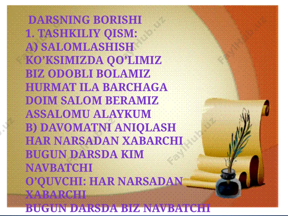 ismi kim bo’lgan? a) husayn b) muhammad 5. “agar bemor tabib tomoniga o’tib olsa, kasallik ‘’. a) yengiladi b) g’olib bo’ladi 6. amir temur bobomiz uzugida qanday so’zlar yozilgan edi? a) kuch adolatda b) kuch birlikda 6. baholash darsda nimalarni bilib oldingiz? darsda faol ishtirok etgan o’quvchilar rag’batlantiriladi va baholanadi, ularga turli nominatsiyali nishonlar topshiriladi. 7. uyga vazifa “ona sabog’i” hikoyasini o’qib, mazmunini so’zlashga tayyorlanib kelish. e’tiborgiz uchun rahmat! image2.gif image3.gif image4.jpeg image5.jpeg image6.jpeg image7.jpeg