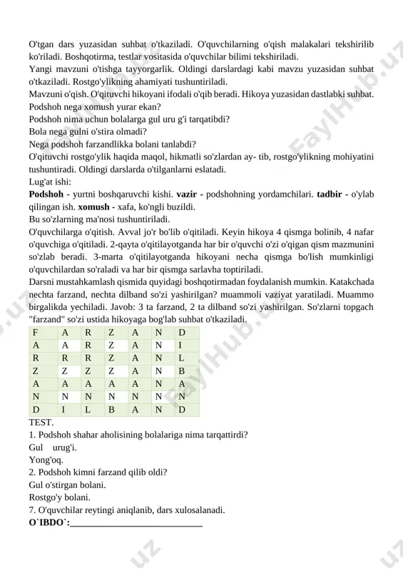 rma, testlar vositasida o'quvchilar bilimi tekshiriladi. yangi mavzuni o'tishga tayyorgarlik. oldingi darslardagi kabi mavzu yuzasidan suhbat o'tkaziladi. rostgo'ylikning ahamiyati tushuntiriladi. mavzuni o'qish. o'qituvchi hikoyani ifodali o'qib beradi. hikoya yuzasidan dastlabki suhbat. podshoh nega xomush yurar ekan? podshoh nima uchun bolalarga gul uru g'i tarqatibdi? bola nega gulni o'stira olmadi? nega podshoh farzandlikka bolani tanlabdi? o'qituvchi rostgo'ylik haqida maqol, hikmatli so'zlardan ay- tib, rostgo'ylikning mohiyatini tushuntiradi. oldingi darslarda o'tilganlarni eslatadi. lug'at ishi: podshoh - yurtni boshqaruvchi kishi. vazir - podshohning yordamchilari. tadbir - o'ylab qilingan ish. xomush - xafa, ko'ngli buzildi. bu so'zlarning ma'nosi tushuntiriladi. o'quvchilarga o'qitish. avval jo'r bo'lib o'qitiladi. keyin hikoya 4 qismga bolinib, 4 nafar o'quvchiga o'qitiladi. 2-qayta o'qitilayotganda har bir o'quvchi o'zi o'qigan qism mazmunini so'zlab beradi. 3-marta o'qitilayotganda hikoyani necha qismga bo'lish mumkinligi o'quvchilardan so'raladi va har bir qismga sarlavha toptiriladi. darsni mustahkamlash qismida quyidagi boshqotirmadan foydalanish mumkin. katakchada nechta farzand, nechta dilband so'zi yashirilgan? muammoli …