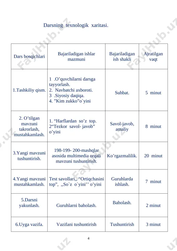 ishni aytaman sizlar o`zbek, rus, ingliz tillarida aytasizlar. rang- qizil, meva-olma, hayvon nomi- quyon, o`quv quroli- kitob. mana sehrli bog`ga ham yetib keldik. mana bu daraxtdagi raqamlarda yashiringan savollar sizlarni olgan bilimlaringizni sinab ko`rmoqchi. qani, kimlar o`z bilimlarini sinab ko`rmoqchi? marhamat. savollar: [image: image1.emf] 1) bu yil nechanchi yil, qanday yil deb nomlandi? (2020-yil ilm –ma`rifat va raqamli iqtisodiyotni rivojlantirish yili deb nomlandi) 2) o`zbekiston respublikasi qachon mustaqil davlat deb e`lon qilindi? (1991- yil 31- avgustda) 3) o`zbekiston respublikasi mustaqil bo`lgandan so`ng o`zining nimalariga ega bo`ldi? (bayrog`iga, konstitutsiyasiga, gerbiga, madhiyasiga ega bo`ldi) [image: image7.png][image: image8.jpg][image: image9.jpg] 4) qachon o`zbek tiliga davlat tili maqomi berilgan? (1989-yilning 21-oktabrida o’zbekiston respublikasining davlat tili to’g’risidagi qonuni qabul qilindi.) 5) yodlagan she`ringizdan aytib bering.( o`zbek tili haqida she`r ) ustoz: o`quvchilar, bog` aylanib va savollarga javob berib charchab qolmadingizmi? qani mashqlar bajarish orqali o`rgangan qo`shiqlaringizdan aytib qutlug` maktabimiz tomon yo`l olamiz. (o`quvchilar inglizcha qo`shiq aytib …
