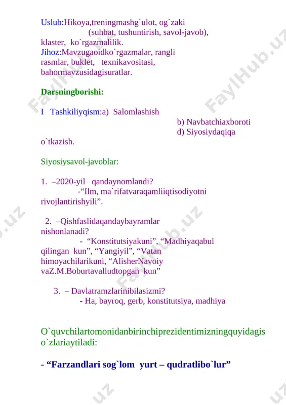 g`avvos - suvostidasuzuvchi so`zamol - so`zustasi, so`zga boy iv yangimavzunimustahkamlash: 1. boburismiqandayma`nonianglatadi? 2. hikoyadanboburhaqidanimalarnibilib oldingiz? 3. boburqandayinsonbo`lgan? 4. uningfazilatlarinisanabbering. 5. “klaster” usulidanfoydalanib, “boburning fazilatlari”niyozibchiqing o`quvchilarharbirso`znidoskagayozib, o`qibberadilar. vo`quvchilarbiliminibaholash. o`quvchilarningdarsdavomidagifaolligiva munozaralardaishtiroki, savolargabergan javoblari, to`g`rivaravono`qishigaqarab qo`yilganballarumumlashtiriladivaumumiy ballare`lonqilinadi. g`olibguruhaniqlanib, rag`batlantiriladi. [image: img031] vi uygavazifa: 1.“boburningfazilatlari” matniniqaytao`qib, mustahkamlash. 2. daftargaboburningfazilatlariniyozibkelish. 3.boburruboiylaridano`rganish. foydalanganadabiyotlar. 1. o`qishfanio`quvdasturivadavlatta`limstandarti 2017-yil, 6-aprel 2. o`qish. 2 -sinfuchundarslik. t.g`afforova, sh.nurullayeva, z.mirzahakimova toshkent-2018 3. boshlang`ichta`limjurnali. 2018-yil 2-son 4. o`qish. o`qituvchilaruchunmetodikqo`llanma toshkent-2018 5. prezidentasarlari 6. zahiriddin muhammad boburruboiylari xulosa. mazkur darsni tashkil etishda zahiriddin muhammad boburga oid bir qator ko`rgazmalar, ”fazilatlar charxpalagi”, monitor orqali foydalanish uchun test savollaridan hamda ”klaster” metodidan foydalanilgan. dars natijasida nazarda tutilgan maqsadga to`la erishilgan. o`quvchilar buyuk siymolarimiz, ayniqsa bobur mirzo haqida tasavvurga ega bo`ldilar. dars davomida o`quvchilar amalda ruboiy va g`azallar aytib, mavzuni mustahkamladilar image3.jpeg image4.jpeg image5.jpeg image6.jpeg image7.jpeg image8.jpeg image9.jpeg image10.jpeg image11.jpeg image12.jpeg image13.jpeg image1.jpeg image2.png