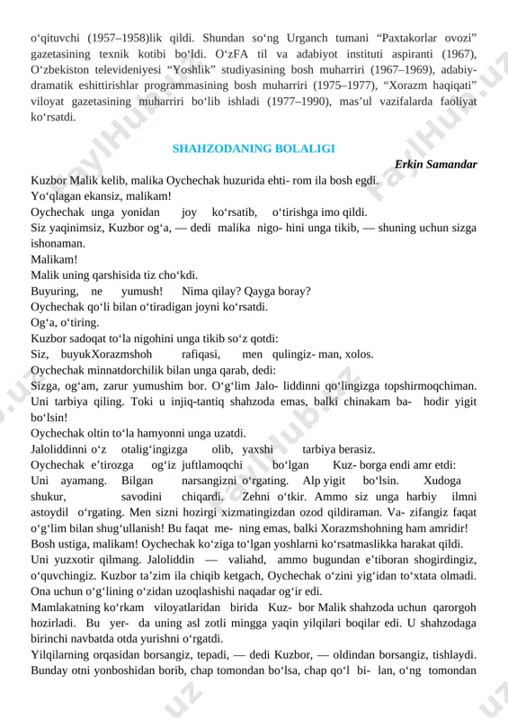 . malikam! malik uning qarshisida tiz cho‘kdi. buyuring, ne yumush! nima qilay? qayga boray? oychechak qo‘li bilan o‘tiradigan joyni ko‘rsatdi. og‘a, o‘tiring. kuzbor sadoqat to‘la nigohini unga tikib so‘z qotdi: siz, buyuk xorazmshoh rafiqasi, men qulingiz- man, xolos. oychechak minnatdorchilik bilan unga qarab, dedi: sizga, og‘am, zarur yumushim bor. o‘g‘lim jalo- liddinni qo‘lingizga topshirmoqchiman. uni tarbiya qiling. toki u injiq-tantiq shahzoda emas, balki chinakam ba- hodir yigit bo‘lsin! oychechak oltin to‘la hamyonni unga uzatdi. jaloliddinni o‘z otalig‘ingizga olib, yaxshi tarbiya berasiz. oychechak e’tirozga og‘iz juftlamoqchi bo‘lgan kuz- borga endi amr etdi: uni ayamang. bilgan narsangizni o‘rgating. alp yigit bo‘lsin. xudoga shukur, savodini chiqardi. zehni o‘tkir. ammo siz unga harbiy ilmni astoydil o‘rgating. men sizni hozirgi xizmatingizdan ozod qildiraman. va- zifangiz faqat o‘g‘lim bilan shug‘ullanish! bu faqat me- ning emas, balki xorazmshohning ham amridir! bosh ustiga, malikam! oychechak ko‘ziga to‘lgan yoshlarni ko‘rsatmaslikka harakat qildi. uni yuzxotir qilmang. jaloliddin — valiahd, ammo …