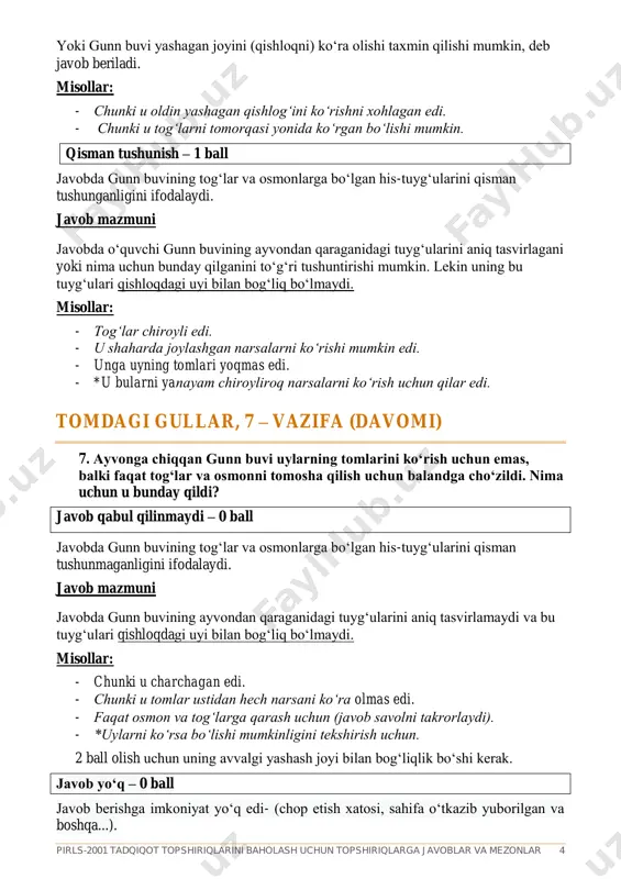 u paytda o‘z jonivorlarini ba’zilarini shaharga olib kelishi mumkinligini anglaganini ifodalaydi. javobda, shunchaki unda bir g‘oya yoki rejasi borligi, yoki, bola unga qanday yaxshi g‘oya berganligini anglagani haqida aytilishi mumkin. misollar: - chunki bola unga yaxshi g‘oya berdi / chunki bola unga g‘oya berdi. - unda reja paydo bo‘ldi. - u buni o‘zgacha/g‘alati g‘oya deb o‘yladi. (izoh: “o‘zgacha” – bu gunn buvining bola ifodalagan g‘oyaga munosabati maqbul talqinidir, chunki bu so‘z u g‘oyani rad etdi degani emas.) /* unga g‘oya /reja yoqgan edi. yoki javobda gunn buvi bolaning g‘oyaga qo‘shilganligi keltirilishi mumkin. misollar: - “ha, shunday qilaman” – deb o‘yladi - chunki u bu yaxshi reja/yaxshi g‘oya ekanligiga qo‘shildi. yoki javobda shaharga yana ba’zi hayvonlarni olib ketish bu g‘oyada keltirilishi mumkin. misollar: - chunki u o‘z hayvonlarini shaharga olib ketishi mumkinligi haqida o‘yladi. - u tovuqlarini olib ketishga qaror qildi. yoki javobda uni ko‘z qisib bolaga jilmayib qo‘yish uchun bola …