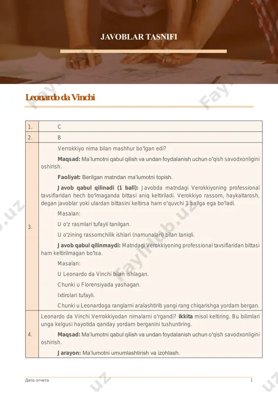 nchaga ega bo‘lish (2 ball): javobda leonardoning verokkiyo bilan o‘tkazgan vaqtlari uning kelajakda yutuqqa erishishiga qanday ta’sir ko‘rsatganligi ifodalanadi. javob matndagi ma’lumotlarni bog‘lash va umumlashtirish orqali ifodalanadi. o‘quvchi javobda leonardoning verokkiyodan olgan saboqlaridan hech bo‘lmaganda ikkitasini keltirishi kerak. shuningdek, bu saboqlar leonardoga kelgusi hayotida qanday yordam berganligi haqida bitta izoh keltiriladi. masalan: u texnika haqida va bo‘yoqlarni aralashtirish haqida ko‘p narsalarni bilib oldi. bu esa unga mashhur rassom bo‘lishi uchun yordam berdi qisman tushunchaga ega bo‘lish (1 ball): javobda leonardoning verokkiyo bilan o‘tkazgan vaqtlari uning kelajakda yutuqqa erishishiga qanday ta’sir ko‘rsatganligi qisman keltiriladi. o‘quvchi javobda leonardoning verokkiyodan olgan saboqlaridan hech bo‘lmaganda bittasini keltirishi kerak. ammo bu saboq leonardoga kelgusi hayotida qanday yordam berganligi haqida hech qanday izoh keltirilmaydi. masalan: u rasm chizish texnikasi haqida va bo‘yoqlarni arashtirish haqida ko‘p narsalarni bilib oldi. u haykaltaroshlikda metalldan foydalanishni bilib oldi va bu unga mashhur bo‘lishida yordam berdi. rassomlik va haykaltaroshlik. yoki javobda …