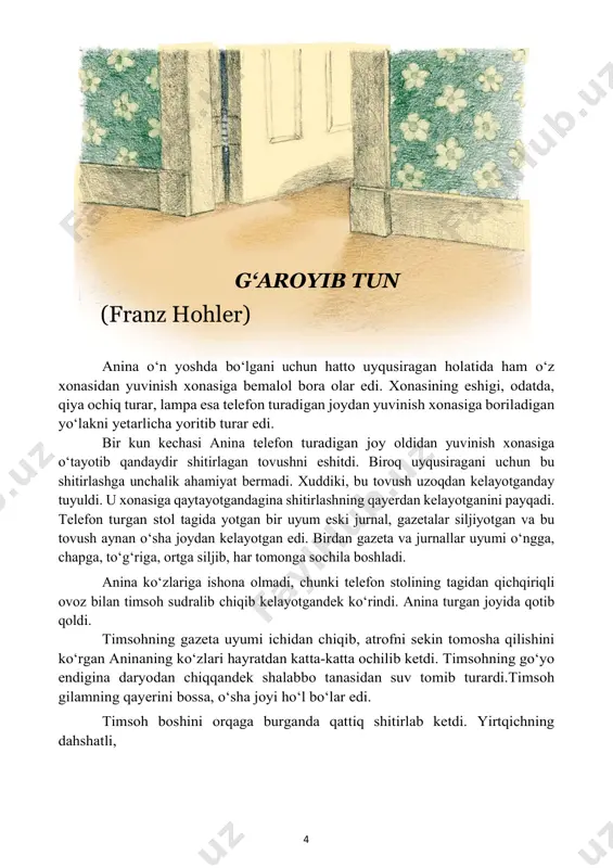 eshikning teshigidan timsohning yana jurnal muqovasiga kirganini ko‘rdi. shundan so‘ng, anina ehtiyotkorlik bilan flamingolar divan, kreslolar atrofida to‘dalashgan, televizor ustida turgan mehmonxonaga kirdi. anina jurnalning bo‘sh, rasmsiz sahifasini ochdi. “rahmat sizga, rahmat katta, o‘z botqog‘ingizga qaytishingiz mumkin”, - dedi. ertalab ota-onasiga poldagi katta-katta, ho‘l dog‘lar qayerdan kelganini, nima uchun eshik singanini tushuntirish aninaga juda qiyin bo‘ldi. ular onasining shlyapasi izsiz yo‘qolib qolgan bo‘lishiga qaramay, baribir timsoh voqeasiga ishonmadilar. 7 matn yuzasidan savollar g‘aroyib tun 1. to‘satdan sodir bo‘lgan g‘aroyib hodisaning ilk alomati nima edi? a. jurnal va gazetalar uyumining siljishi b. anina jurnal muqovasini ko‘rib qolgani c. uning xonasi eshigining sinishi d. aninaning shitirlagan tovushni eshitgani 2. timsoh qayerdan paydo bo‘ldi? a. yuvinish xonasidan b. jurnal muqovasidan c. yotoq tagidan d. yaqin oradagi daryodan 3. qaysi ibora aninaning qo‘rqqanini ifodalaydi? a. “turgan joyida qotib qoldi” b. “ko‘zlariga ishona olmadi” c. “yengil nafas oldi” d. “shitirlagan tovushni eshitdi” 4. nima uchun …