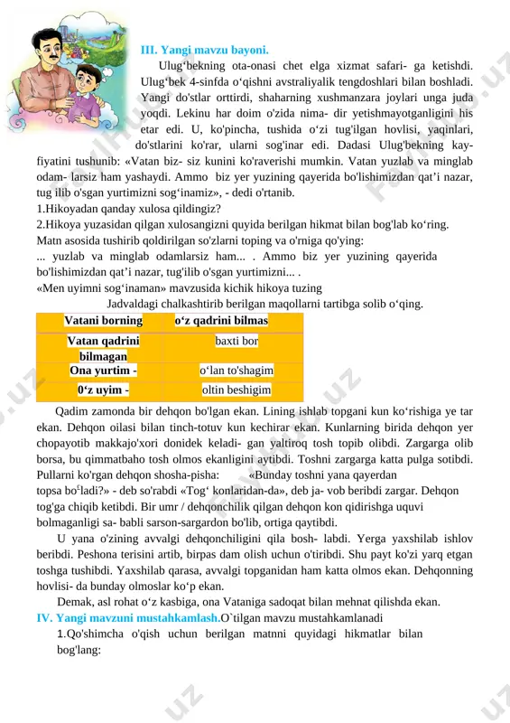tgan toshga tushibdi. yaxshilab qarasa, avvalgi topganidan ham katta olmos ekan. dehqonning hovlisi- da bunday olmoslar ko‘p ekan. demak, asl rohat o‘z kasbiga, ona vataniga sadoqat bilan mehnat qilishda ekan. iv. yangi mavzuni mustahkamlash.o`tilgan mavzu mustahkamlanadi 1. qo'shimcha o'qish uchun berilgan matnni quyidagi hikmatlar bilan bog'lang: a) [image: image9.png]imkoniyat doimo o‘z yurtingda, kindik qoning to'kilgan makonda bo'ladi; b) shukur qilsak, halol mehnat qilsak, har birimiz, aslida, olmos to‘la zamin ustida yashayotganimizni anglab yetamiz. qanoatli bo'lish - eng katta boylik. «har bir inson qolidan keladigan ishni qilishi kerak» degan gapni yuqoridagi ertak bilan bog‘lashga hara- kat qiling v. o`quvchilarni rag`batlantirish. darsni yakunlash. o`quvchilar darsdagi ishtirokiga ko`ra baholanadi. rag`bat kartochkalari orqali baholanadi. guruhlar ham umumiy rag`batlantirilib boriladi. vi. uyga vazifa uyga mazifa bugungi mavzuni o`qib kelish, qayta hikoyalashga tayyorlanish, xulasa chiqarish. o`ibdo`:________________________________ sana:____________________________ mavzu: o‘zbekiston – ko‘p millatli davlat maqsad: ta’limiy: o`quchilarga bugungi mavzuga oid bilim va tushunchalar berish. yuksak insoniy fazilatlar …