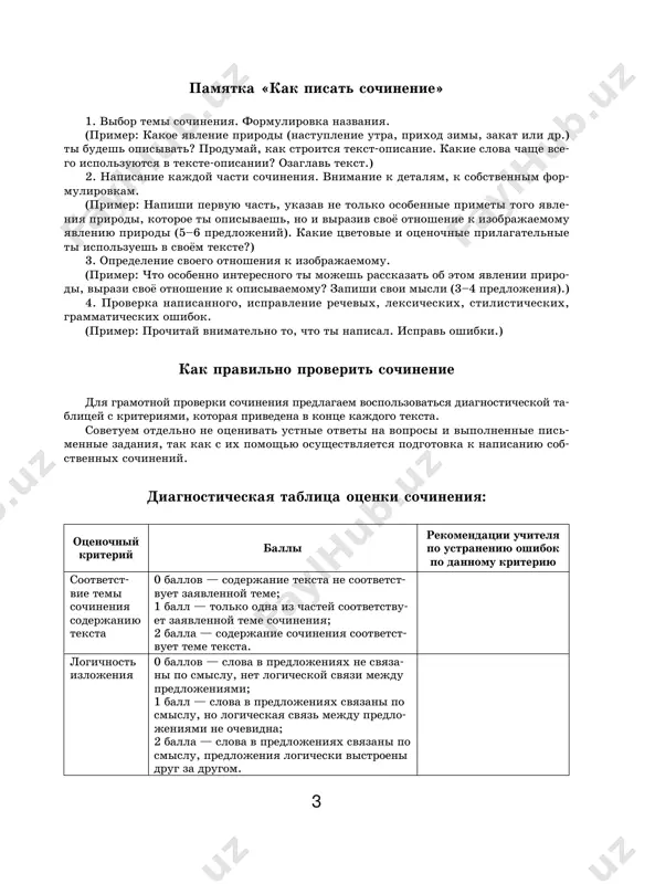 1—3 orfografiche- skie (i/ili punktuatsionnie) oshibki ili 1—3 propuska bukv ili izuchennix znakov prepinaniya; 2 balla — v tekste net orfograficheskix i punktuatsionnix oshibok na pravila, uje izuchennie v xode urokov russkogo yazika. itogo: 5 kriteriev maksimalniy ball za sochinenie: 10 bal- lov perevod v 5-ballnuyu sistemu otsenivaniya: 10—8 ballov — otsenka «5»; 7—6 ballov — otsenka «4»; 5—3 balla — otsenka «3»; 2—0 ballov — otsenka «2». prodoljenie tabl. 5 teksti-opisaniya tekst 1 1. prochitay tekst. beryoza iz vsex derevev russkogo lesa milee vsex mne nasha beryoza. xoroshi i chisti beryozovie svetlie roshi. beli stvoli beryoz, pokritie tonkoy berestoyu. osobenno xorosh beryozoviy les vesnoy. kak tolko soydyot v lesu sneg, na- buxayut na beryozax smolistie dushistie pochki. iz kajdoy sluchayno nadlomlennoy vetki beryozi kaplet jivitelniy sladkiy sok. mnojestvo prolyotnix pevchix ptits sobiraetsya v beryozovix roshax. poyut golosistie drozdi, kukuyut ku- kushki, s dereva na derevo pereletayut shustrie sinichki. kovrom …