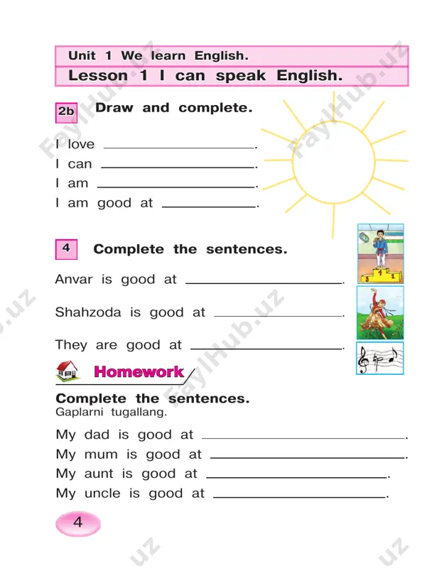 mework 1 2 revise units 1–2 and get ready for the revision. 1–2-bo‘limlarni qayta o‘rganib, takrorlash darsiga tayyorlaning. 13 listen and underline correct words. progress check 1 1 2 3 1) alex is from germany / france. 2) alex speaks german / french / english. 3) he gets up at 6.30 / 7.15. 4) ann speaks english / french / german. 5) ann likes cats / dogs. 6) she goes to school at 6.45 / 7.30. look, read and match. 1) it’s twelve fifteen. 2) it’s five twenty-five. 3) it’s seven twenty. 4) it’s eight forty-five. 5) it’s ten oh five. 6) it’s eleven fifty. read the sentences. write the questions. 1) i go to school in the morning. when do you go to school? 2) i have lunch at 2 o’clock. when 3) i come home at 1.30. when 4) i read books in the afternoon. when 3 14 …