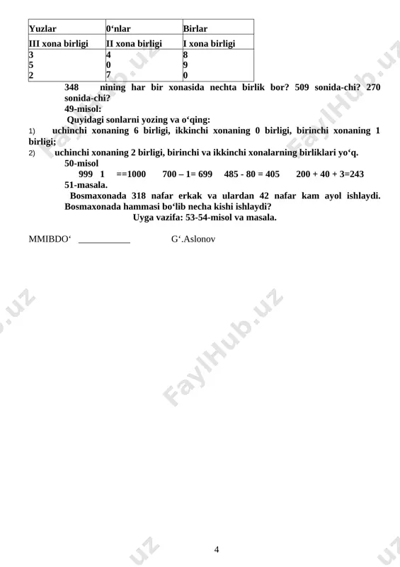 qtiran olish fk: matematika mazmuniga oid umumiy komp-si: arifmetik amalda qatnashgan noma’lum tarkibiy qismini aniqlay oladi. kommunikativ komp-siya: o’rganilgan matematik tushunchalar, faktlar vas algaritmlarni kundalik vaziyatlarda qo’llay oladi. mashg’ulot turi; yangi bilim beruvchi mashg’ulot mashg’ulotning jihozi: kompyuter, mavzuga mos slaydlar, tarqatmalar, abak, jadval va sxemalar. mashg’ulotning uslubi: noan’anaviy, multimediya mashg’ulot. mashg’ulotning borishi: i. tashkiliy qism. a) salomlashish b) davomatni aniqlash c) mashg’ulotga hozirlik ko’rish. ii. o’tgan mavzuni so’rash va mustahkamlash. o’tilgan mavzu aniqlab, takrorlanadi. [image: ][image: ]rim raqamlari haqida slaydlar ko’rsatiladi: [image: ] [image: ] [image: ] [image: ] uch xonali 328 sonining yozuvida uchta xonani — birlar, o'nlar, yuzlar xonasini tashkil etuvchi uchta raqam bor. bu xonalar birlashtiriladi va sinf deb ataladi. istalgan miqdordagi raqamlardan tashkil topgan sonlarni — to‘rt xonali, besh xonali, olti xonali, yetti xonali va h.k. sonlarni yozish mumkin. 625 347 soni — olti xonali son. 0‘ngdagi dastlabki uchta raqam birlar sinfini tashkil etadi. birlar sinfidan …